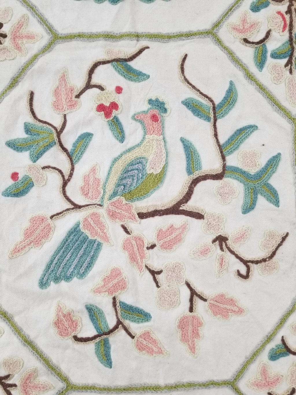 Vintage Kashmiri Wool Crewel Work Birds on a Branch Tapestry Panel 174x133cm