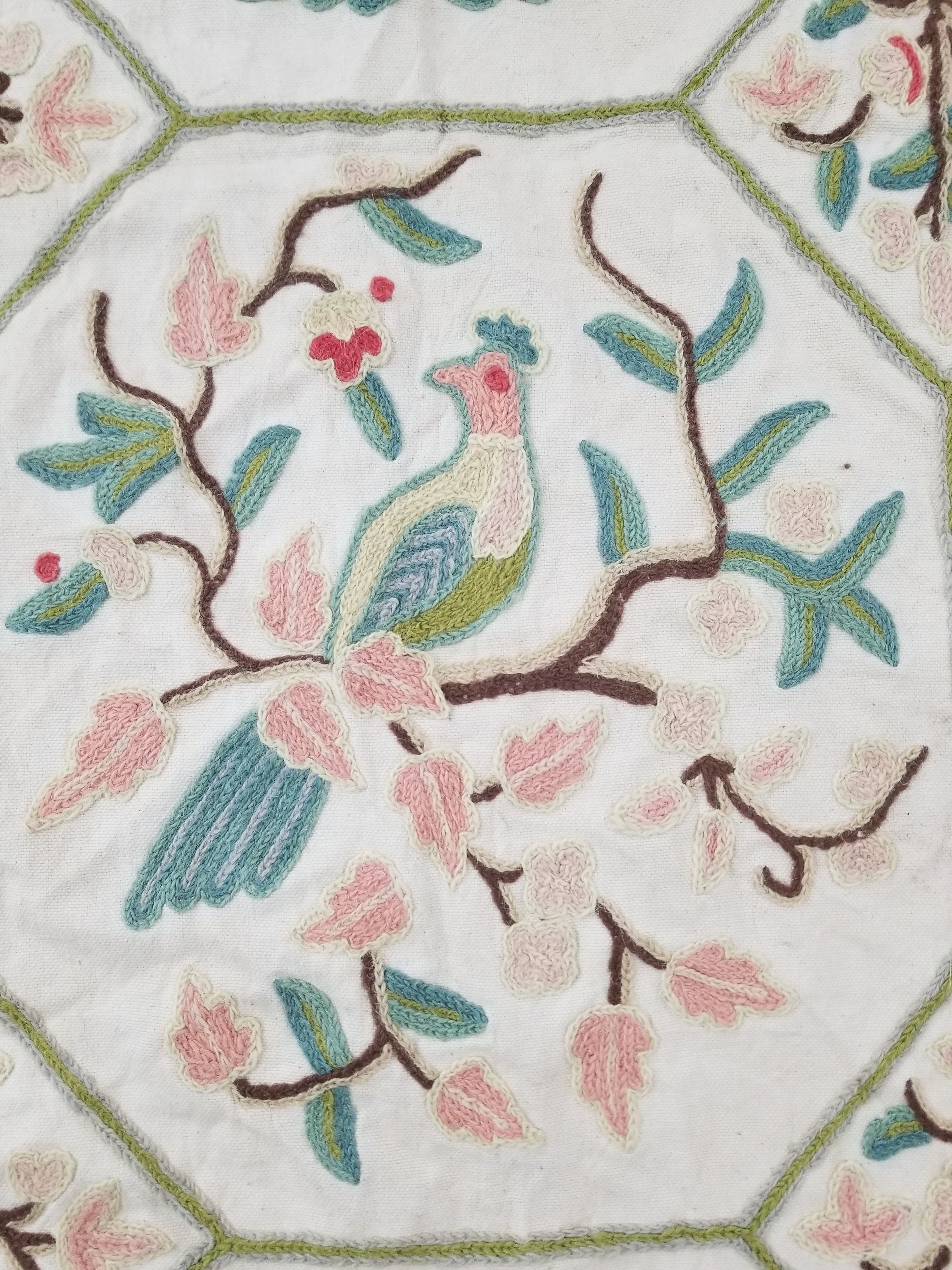 Vintage Kashmiri Wool Crewel Work Birds on a Branch Tapestry Panel 174x133cm