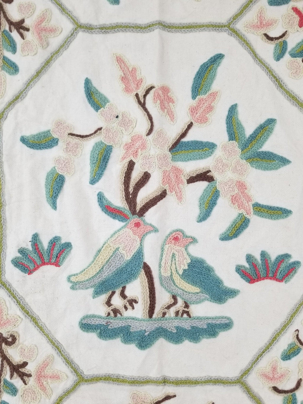 Vintage Kashmiri Wool Crewel Work Birds on a Branch Tapestry Panel 174x133cm