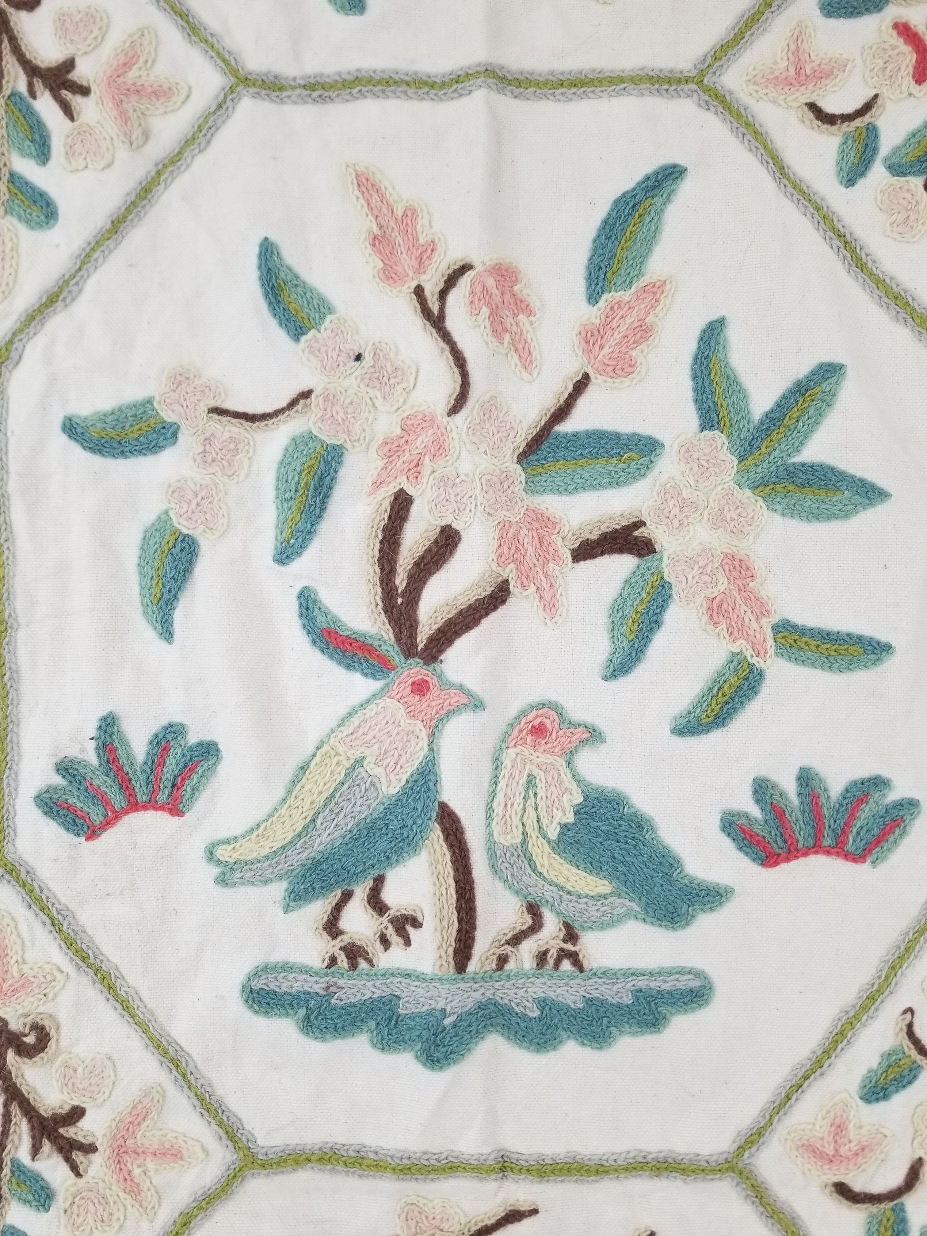 Vintage Kashmiri Wool Crewel Work Birds on a Branch Tapestry Panel 174x133cm