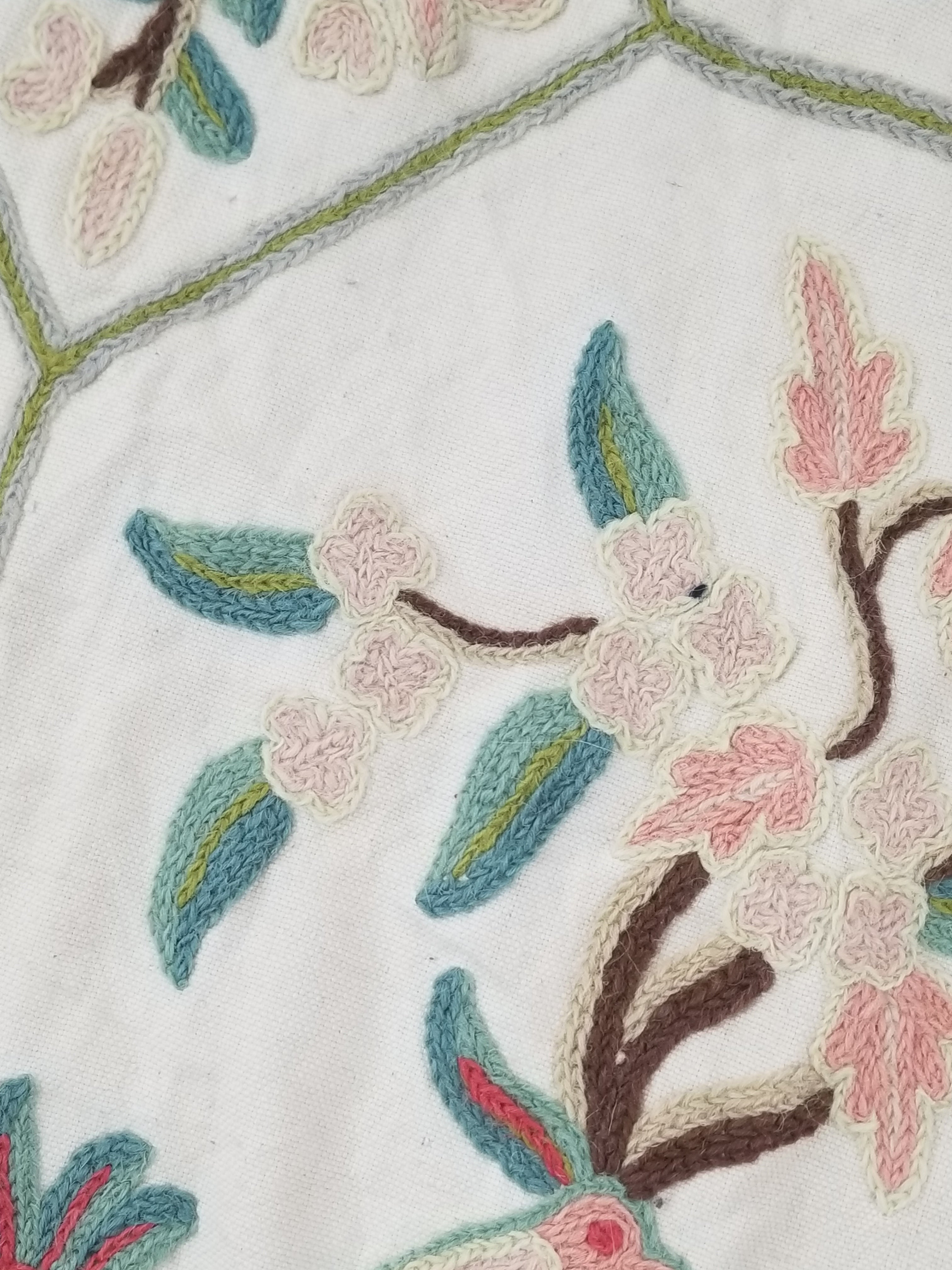 Vintage Kashmiri Wool Crewel Work Birds on a Branch Tapestry Panel 174x133cm