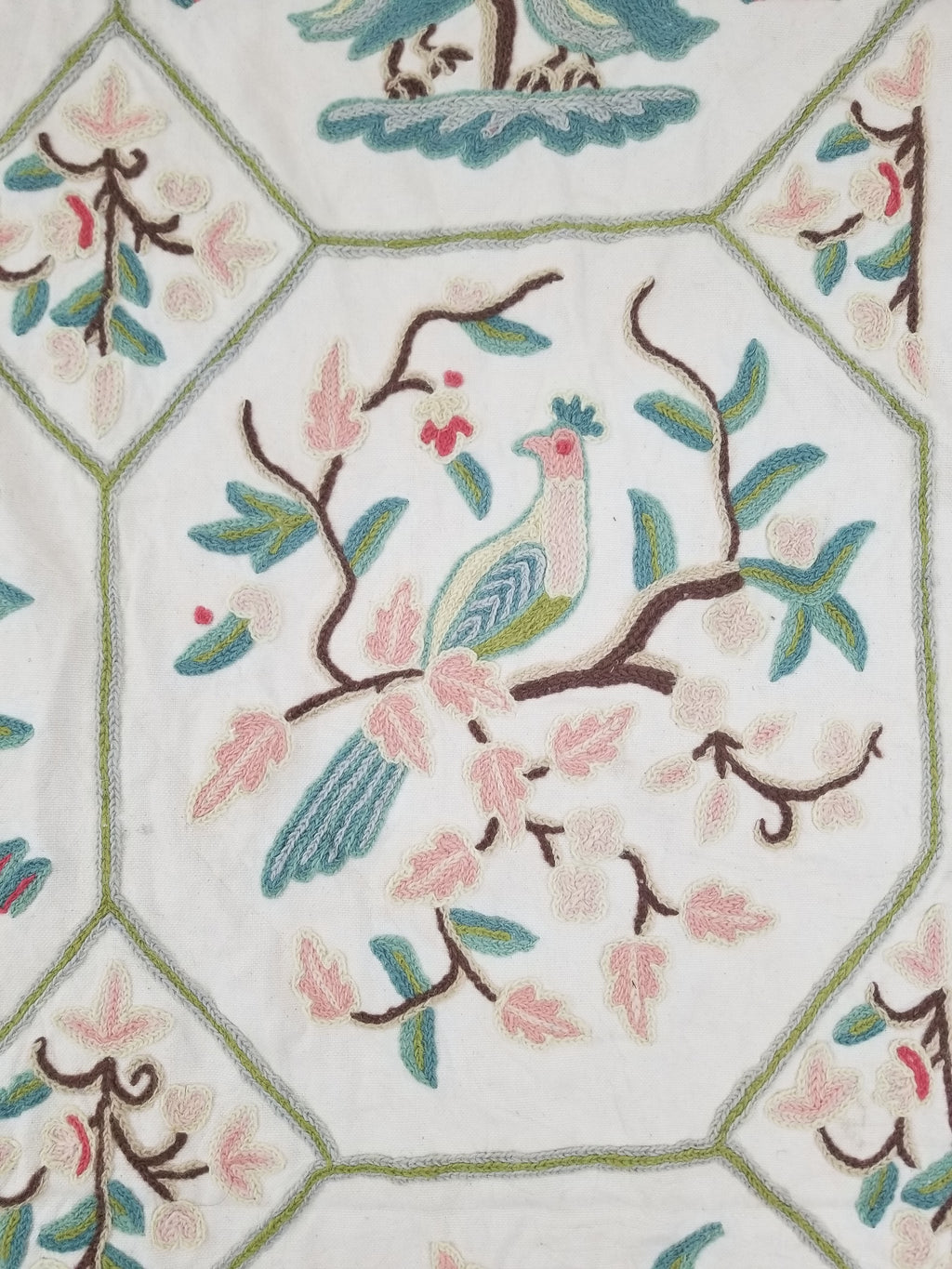 Vintage Kashmiri Wool Crewel Work Birds on a Branch Tapestry Panel 174x133cm