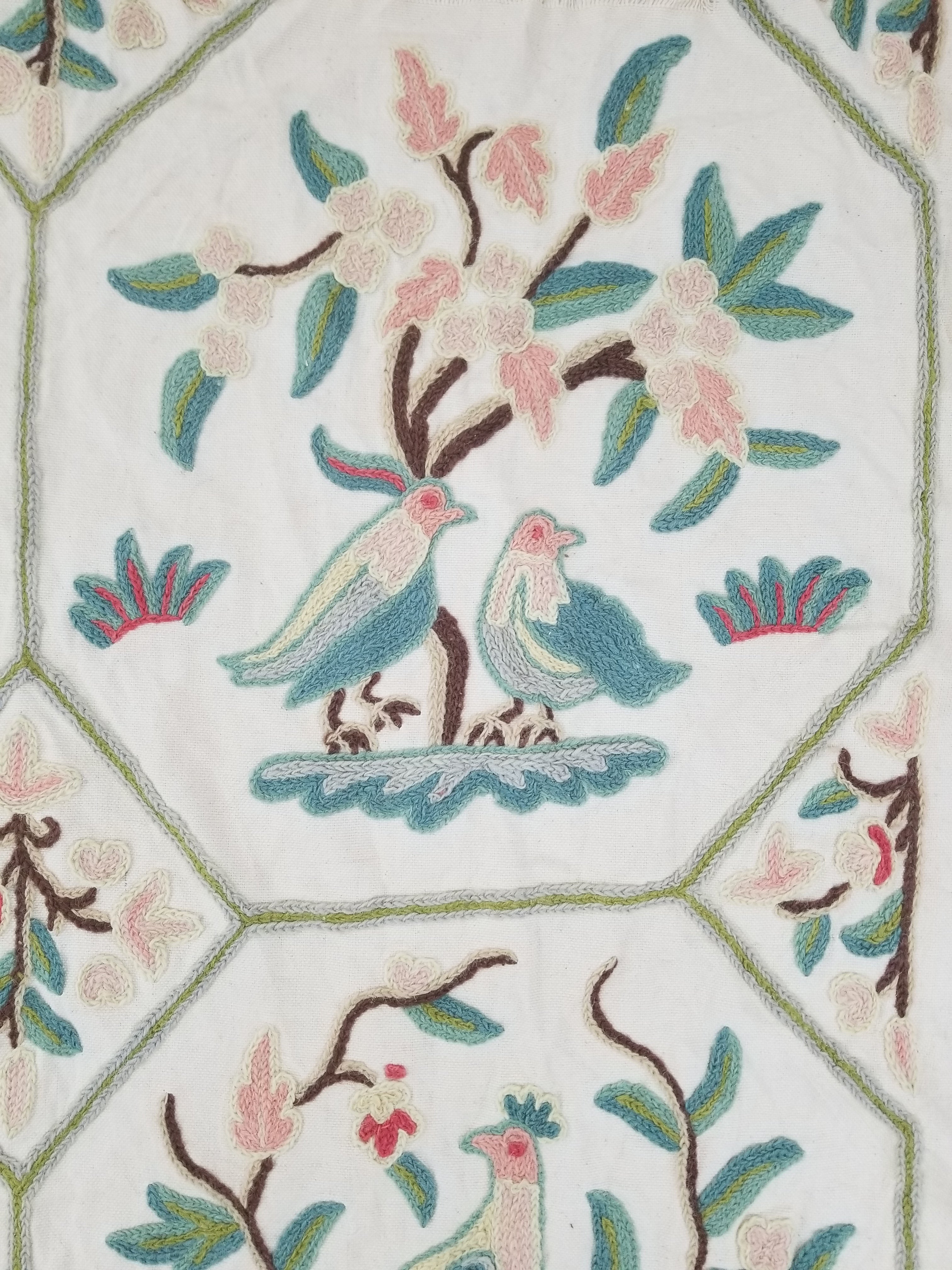 Vintage Kashmiri Wool Crewel Work Birds on a Branch Tapestry Panel 174x133cm