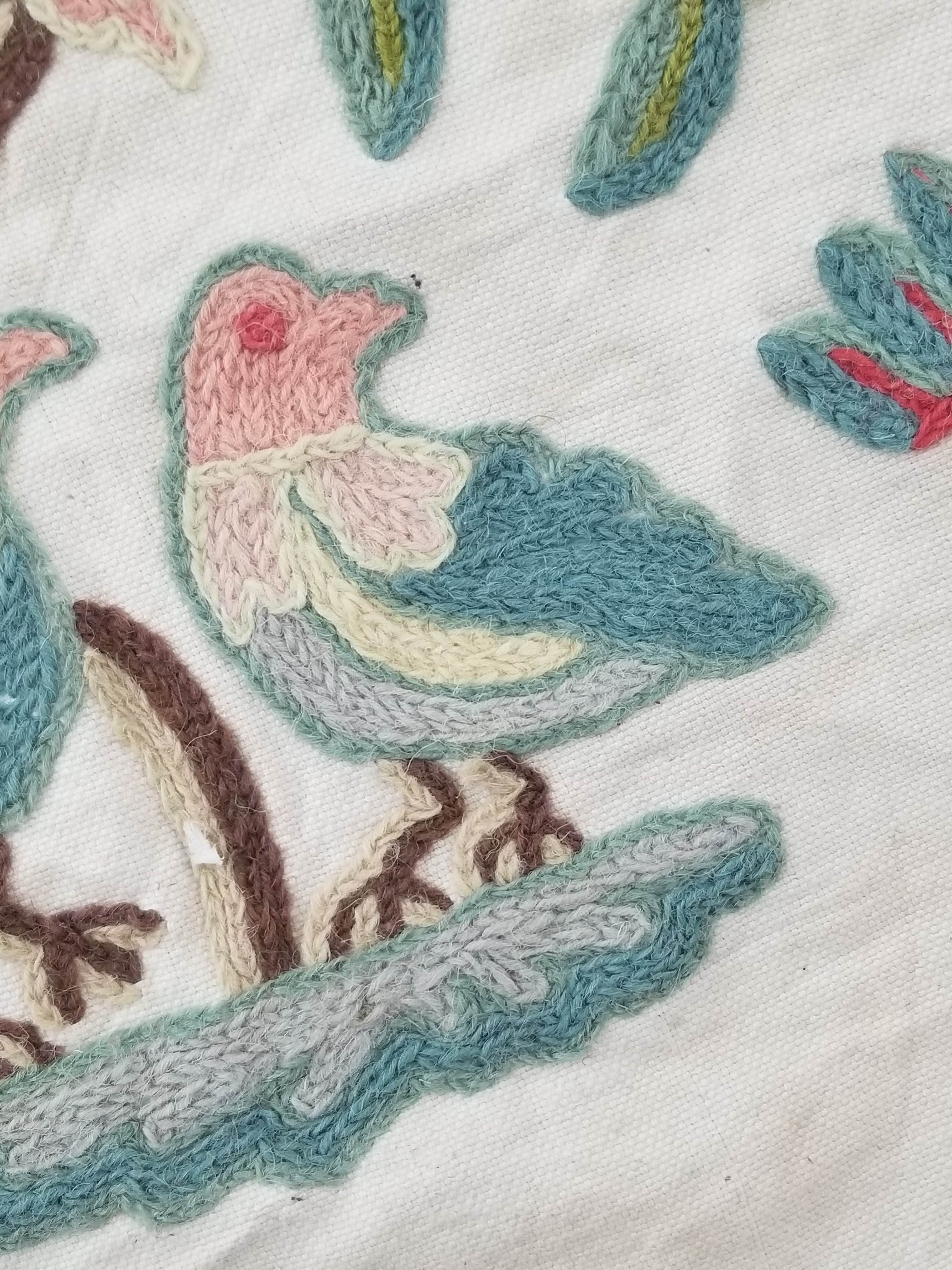 Vintage Kashmiri Wool Crewel Work Birds on a Branch Tapestry Panel 174x133cm