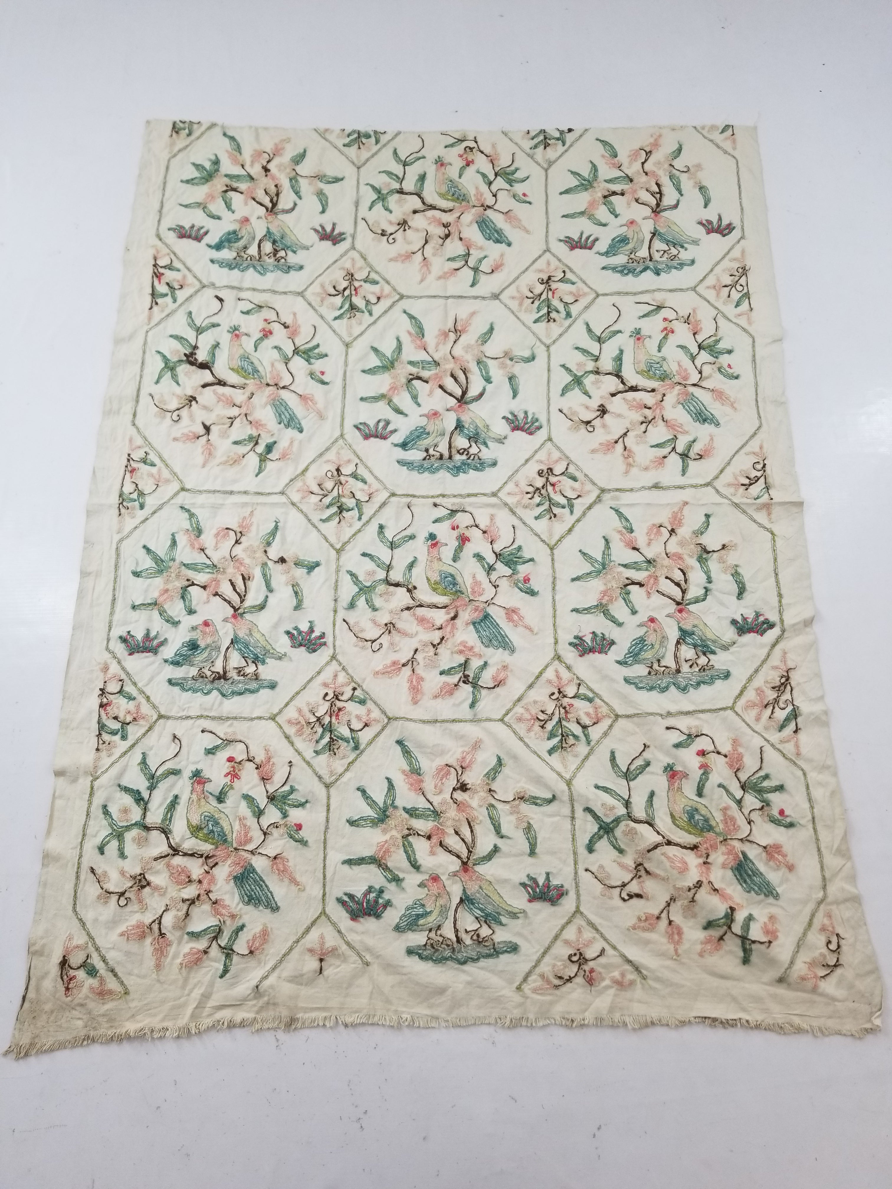 Vintage Kashmiri Wool Crewel Work Birds on a Branch Tapestry Panel 174x133cm