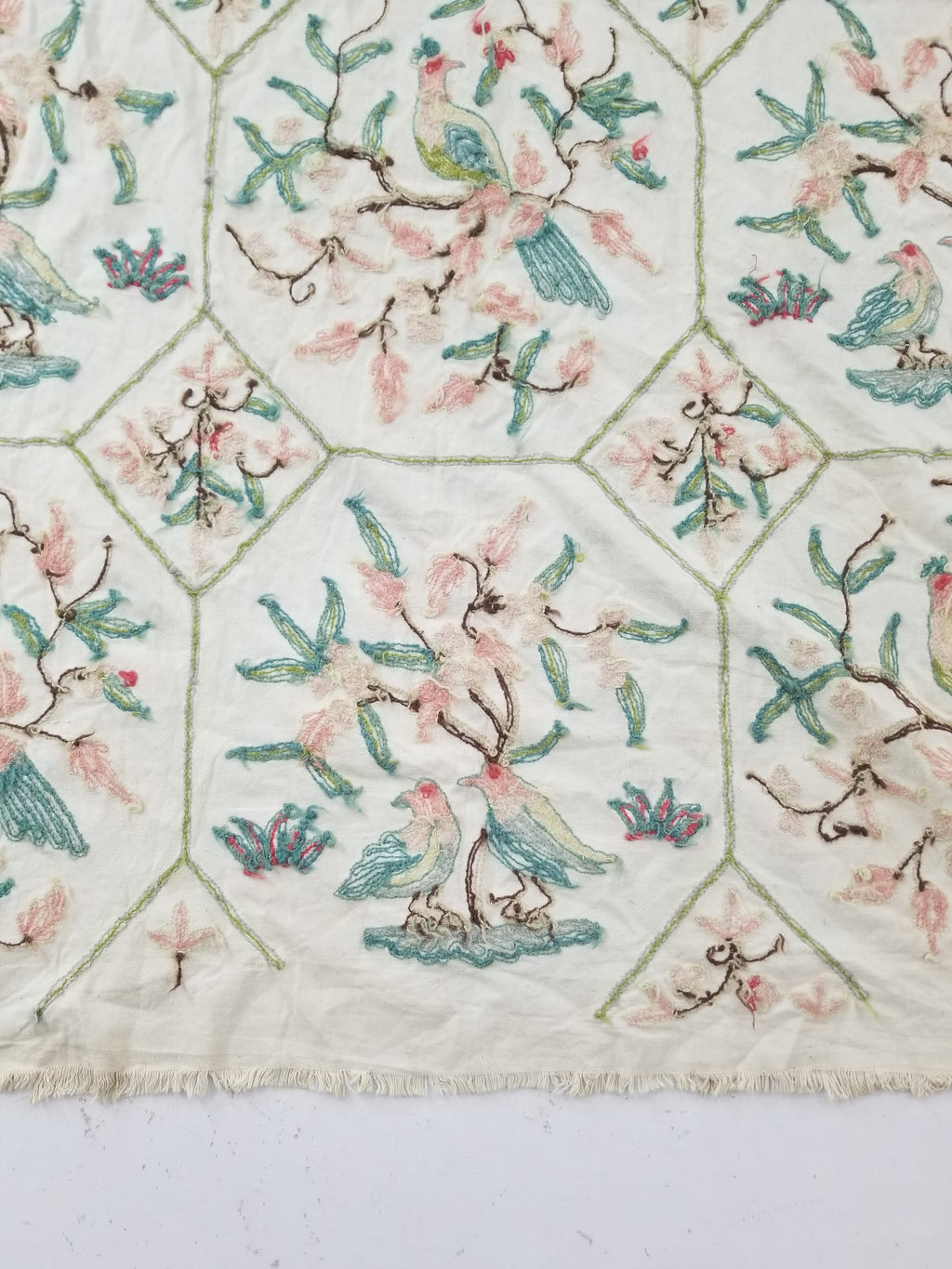 Vintage Kashmiri Wool Crewel Work Birds on a Branch Tapestry Panel 174x133cm