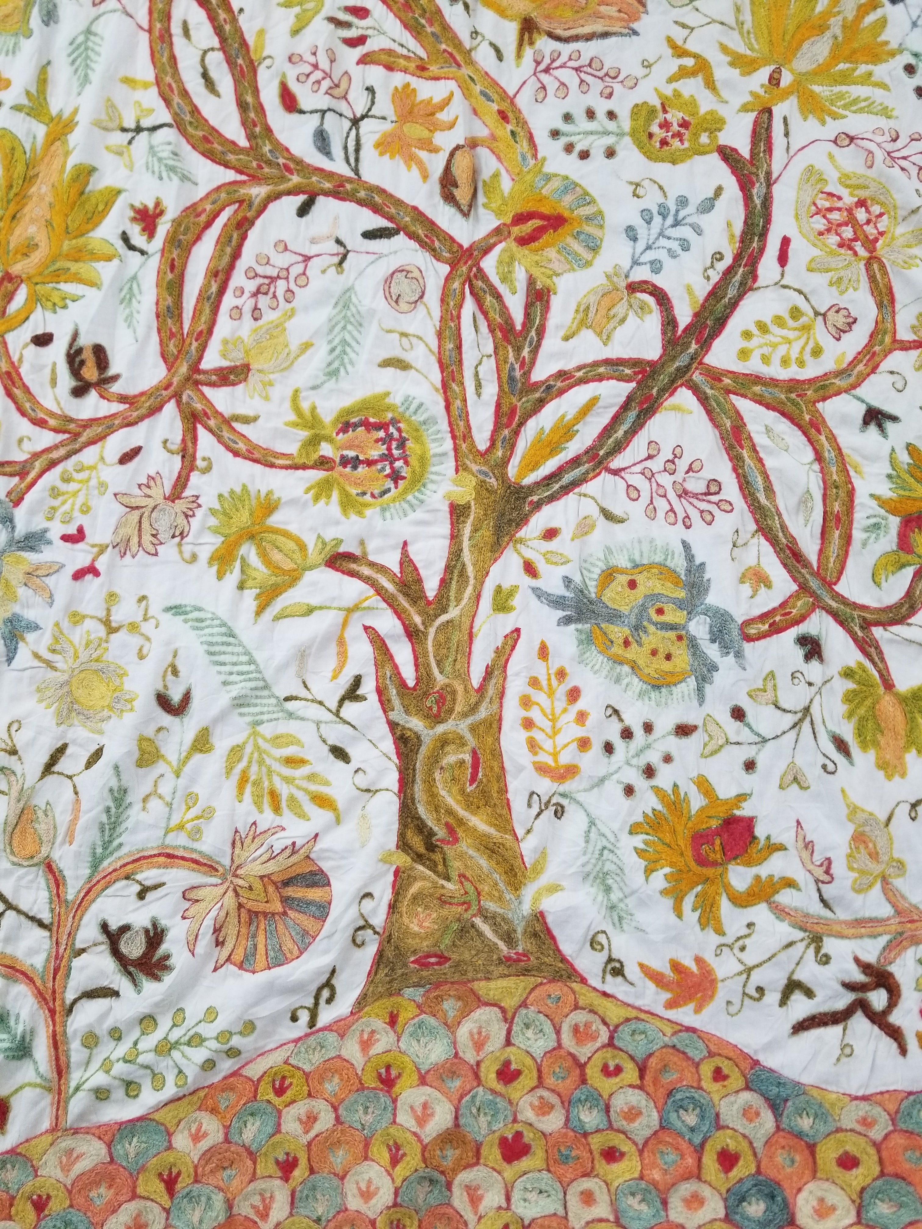 Antique Traditional Kashmiri Wool Crewel Work Tree of Life Tapestry 243x108cm