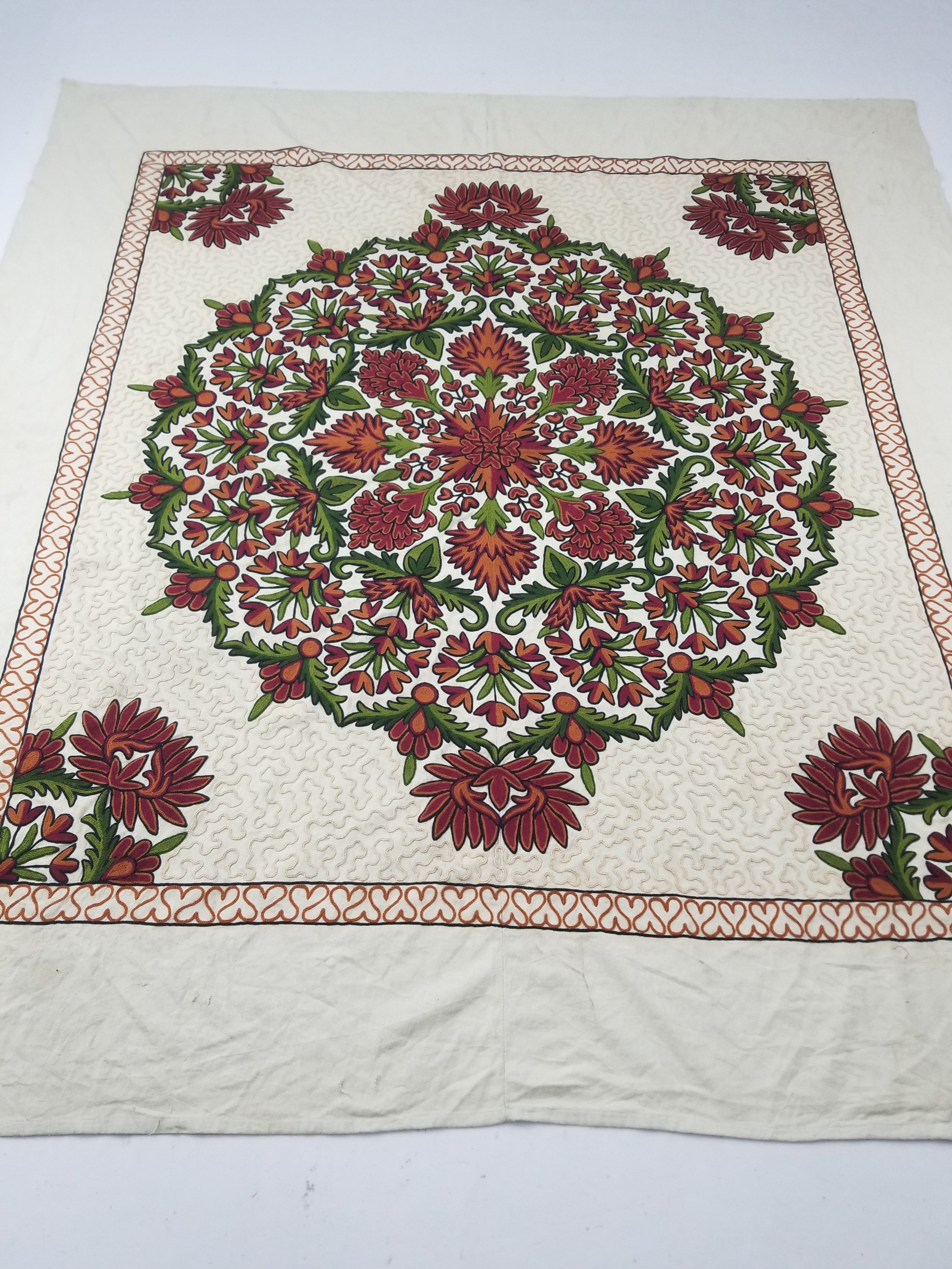 Vintage Traditional Kashmiri Wool Crewel Work Floral Bedspread 251x223cm