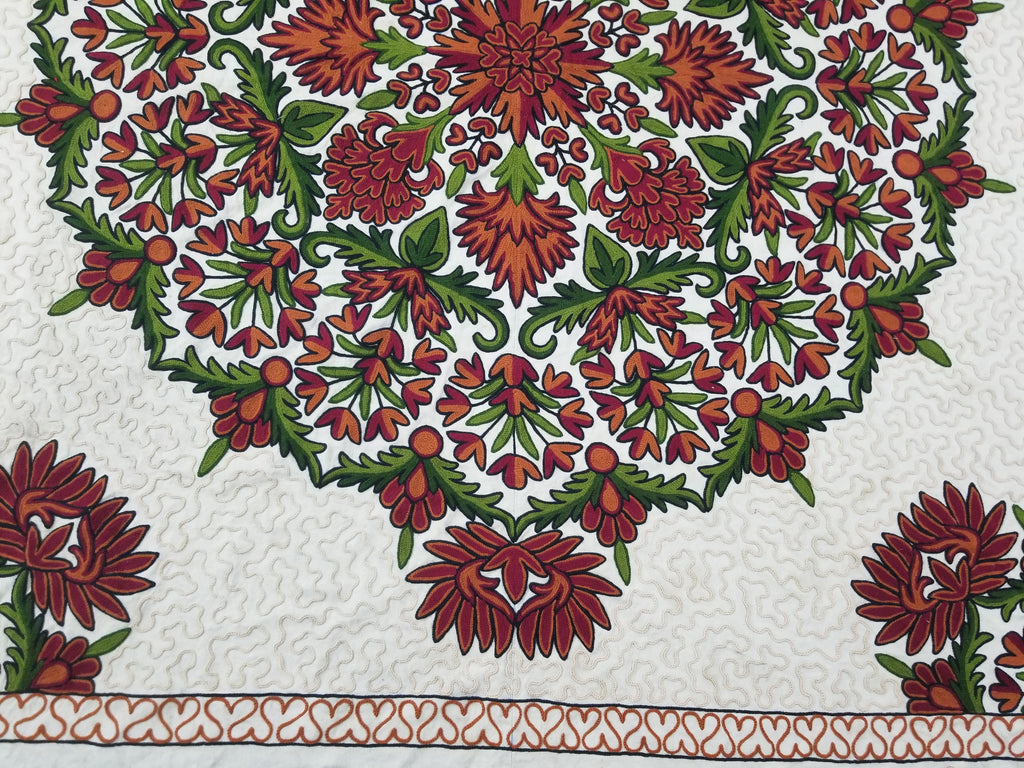 Vintage Traditional Kashmiri Wool Crewel Work Floral Bedspread 251x223cm