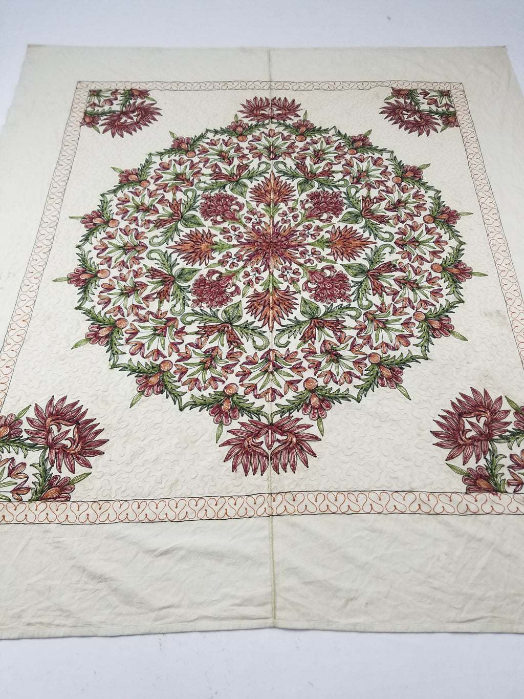 Vintage Traditional Kashmiri Wool Crewel Work Floral Bedspread 251x223cm