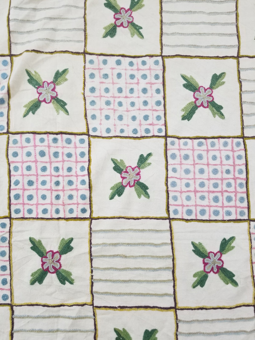 Vintage Indian Kashmiri Crewel Work Floral & Geometric Pattern Textile 270x187cm