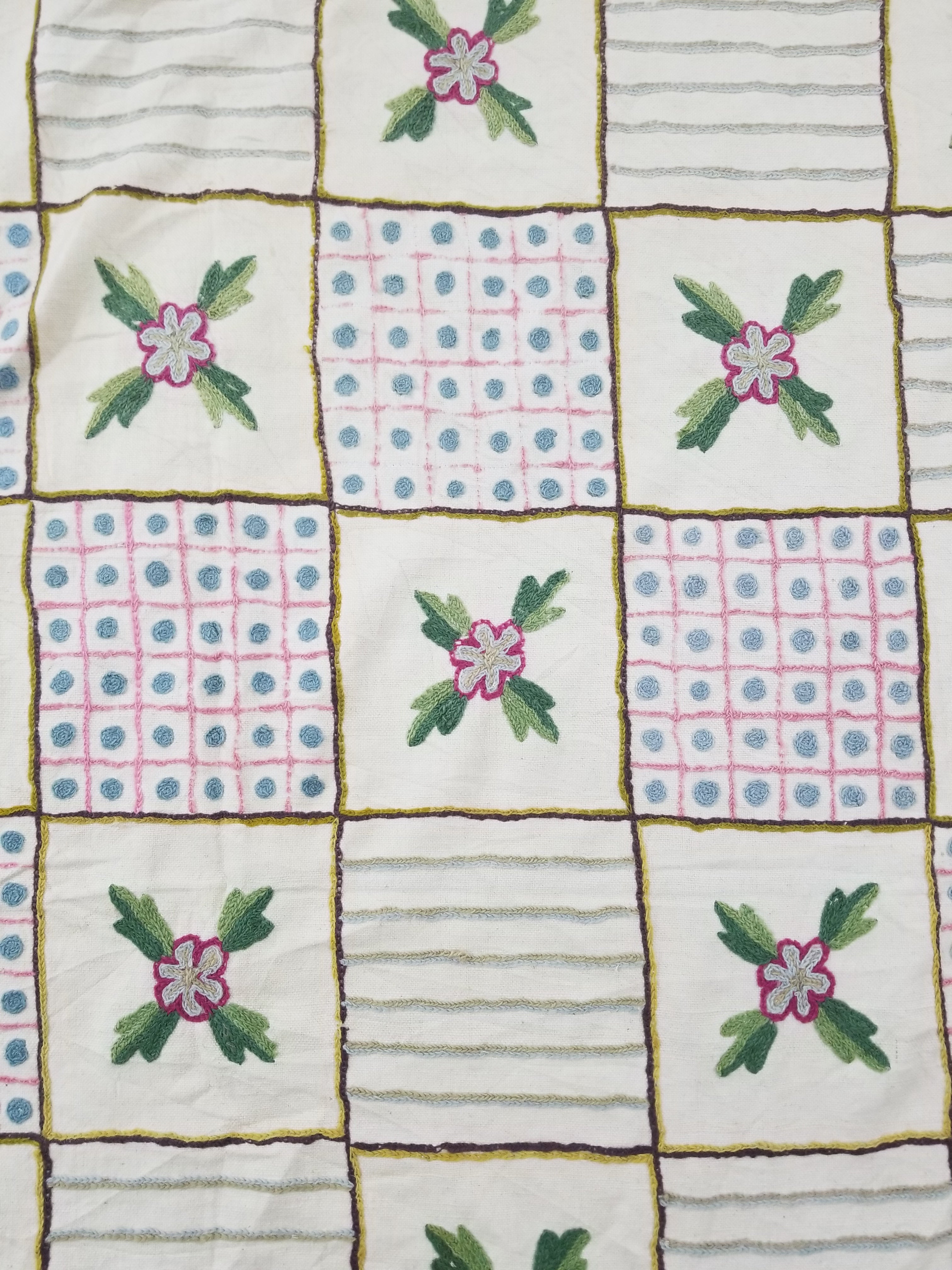 Vintage Indian Kashmiri Crewel Work Floral & Geometric Pattern Textile 270x187cm