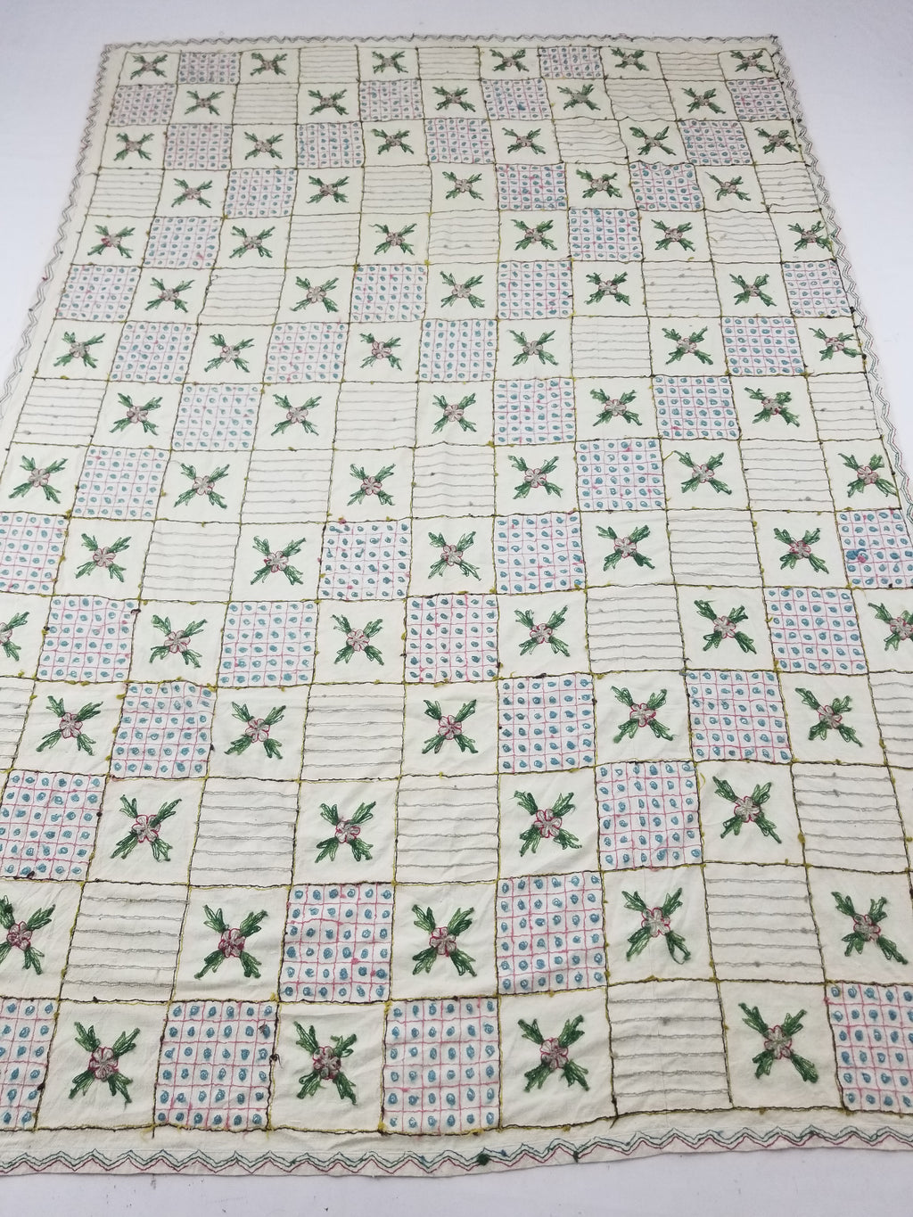 Vintage Indian Kashmiri Crewel Work Floral & Geometric Pattern Textile 270x187cm