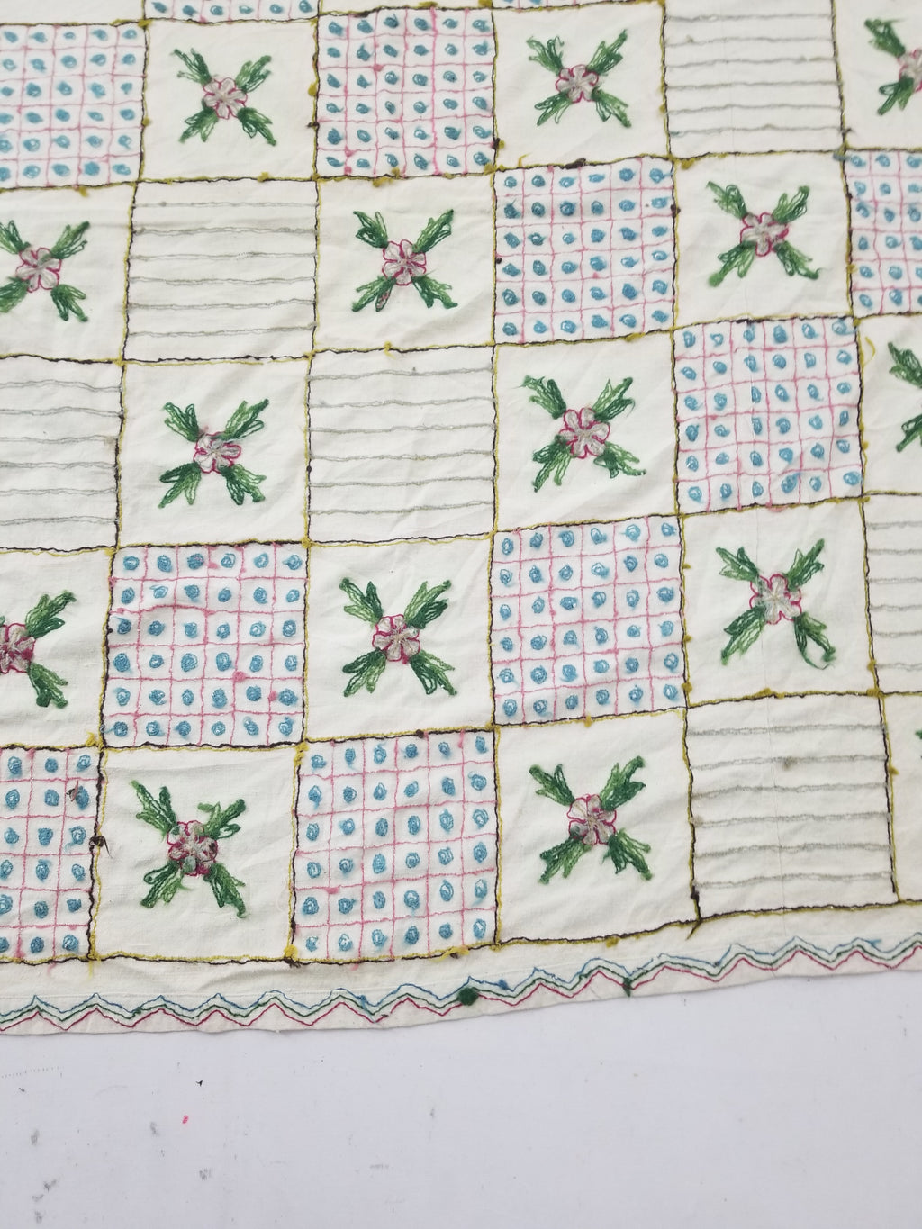 Vintage Indian Kashmiri Crewel Work Floral & Geometric Pattern Textile 270x187cm
