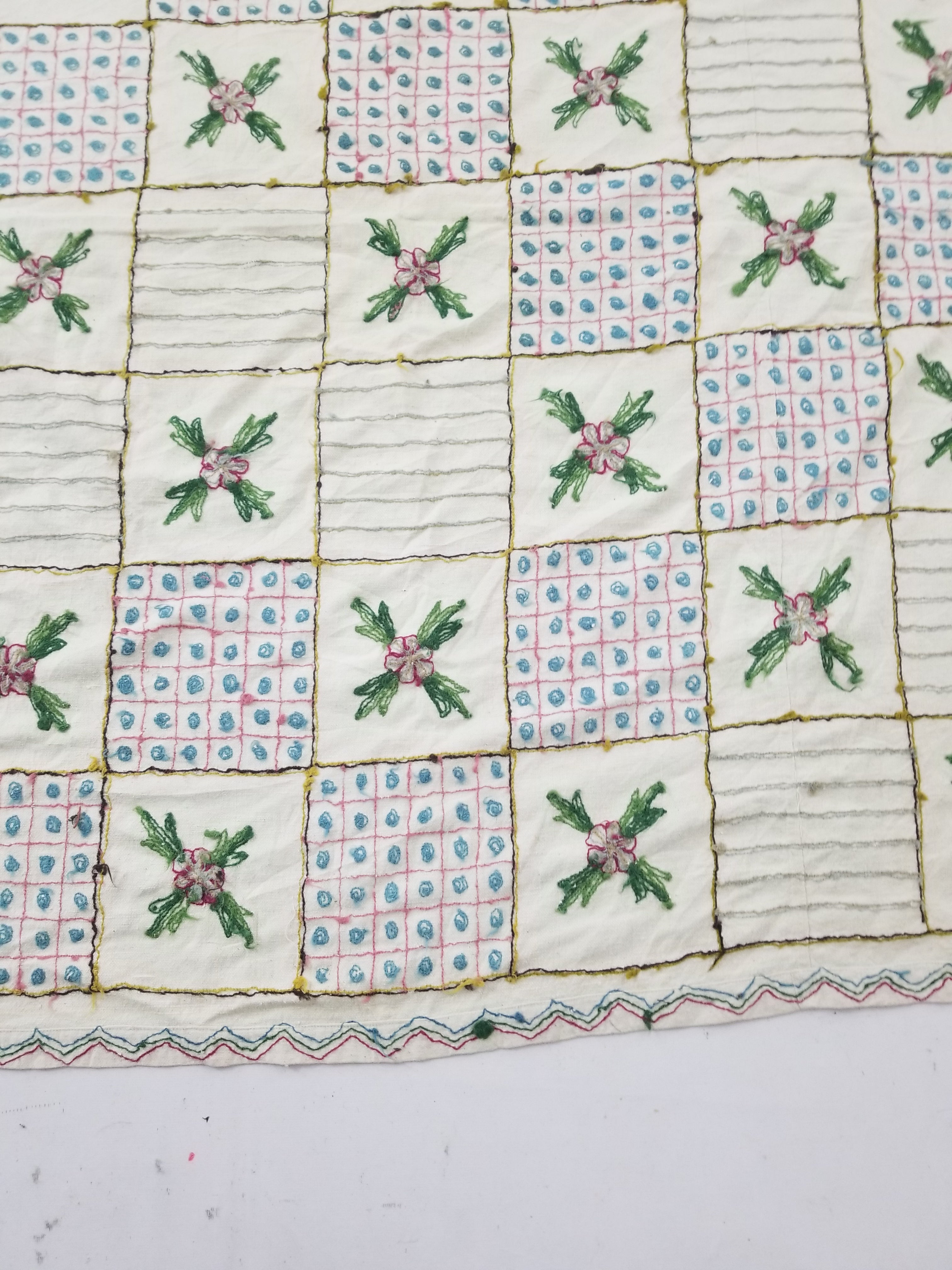 Vintage Indian Kashmiri Crewel Work Floral & Geometric Pattern Textile 270x187cm