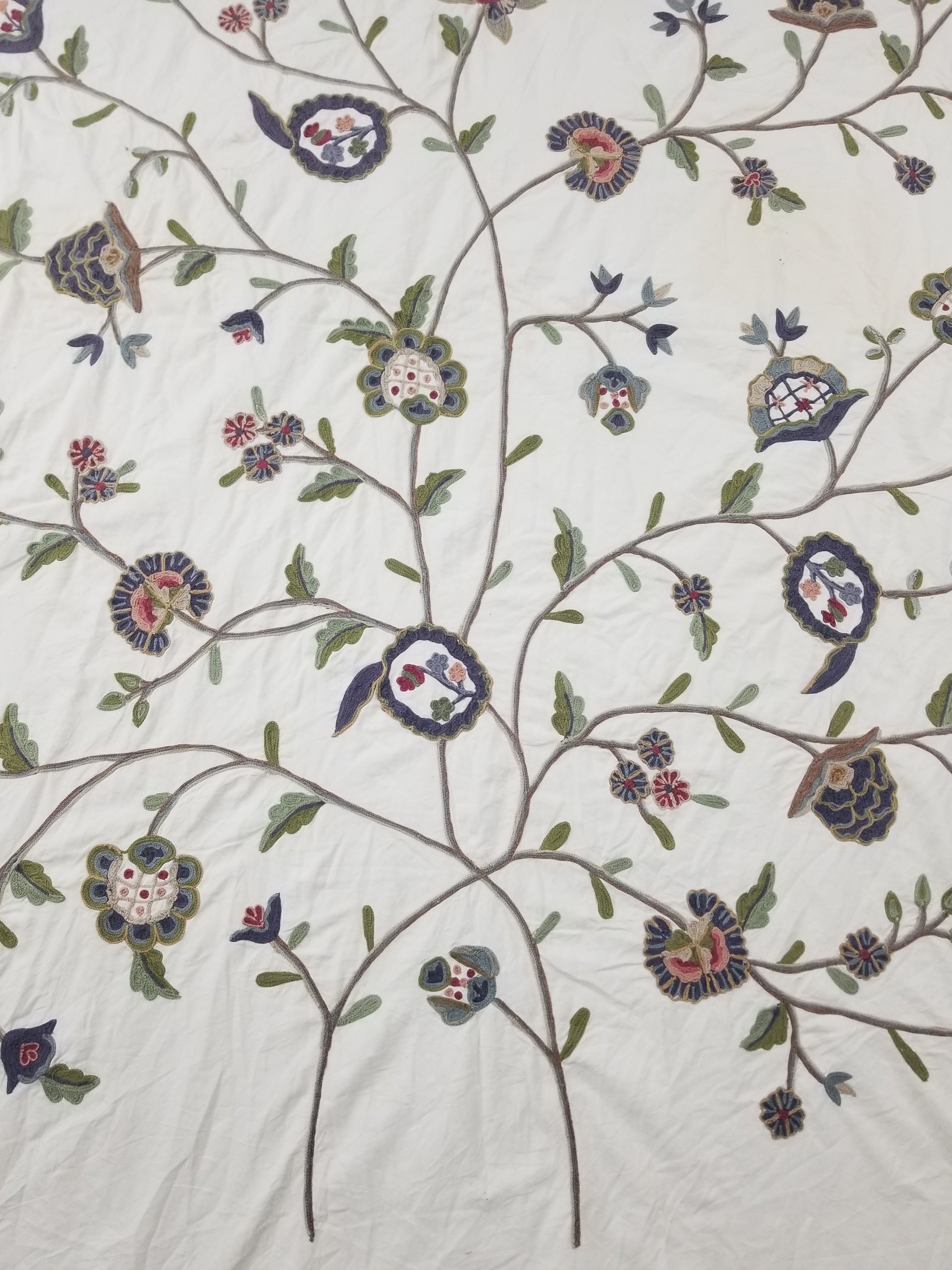 Antique Jacobean Style Crewel Work Tree of Life Coverlet / Quilt 224x218cm