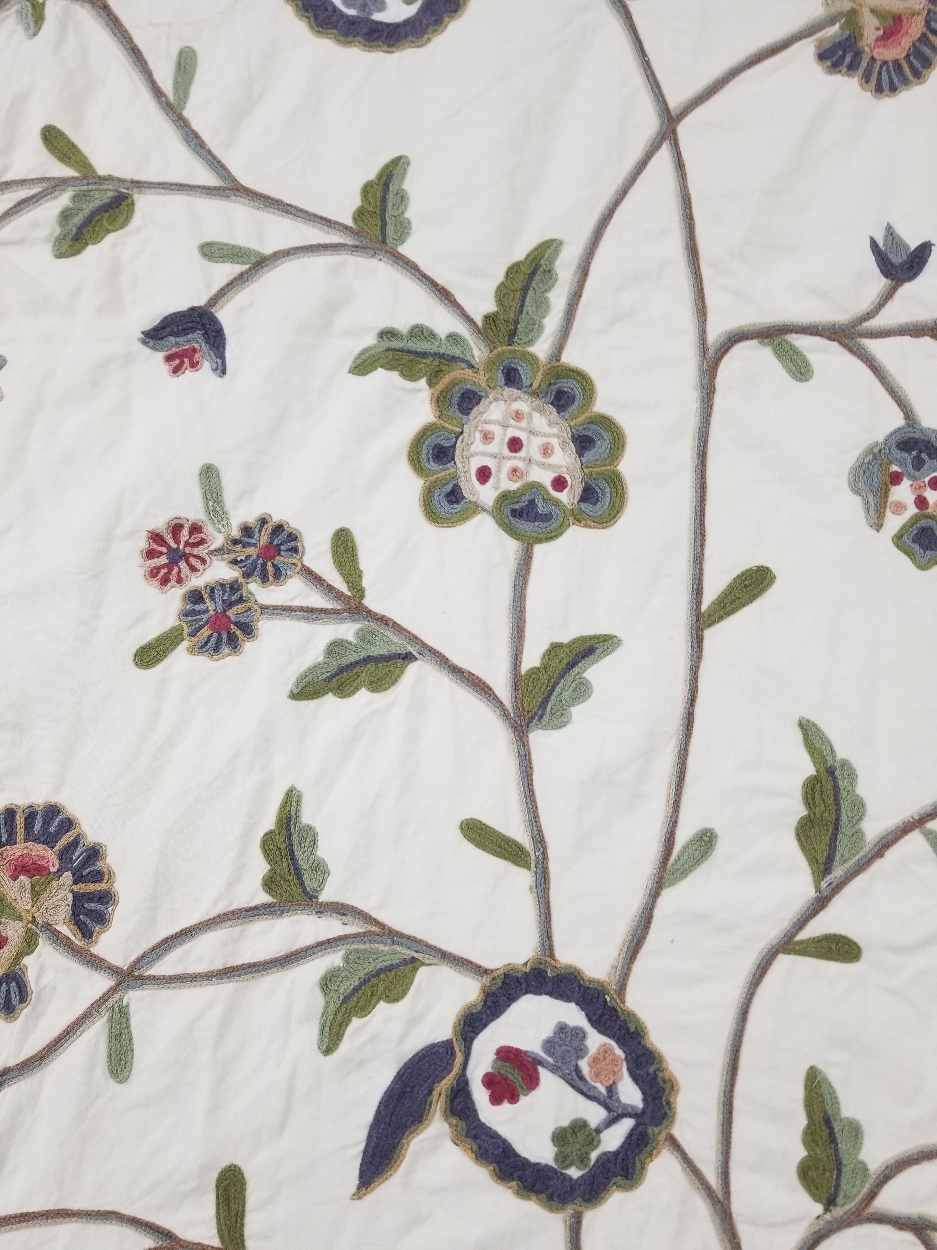 Antique Jacobean Style Crewel Work Tree of Life Coverlet / Quilt 224x218cm