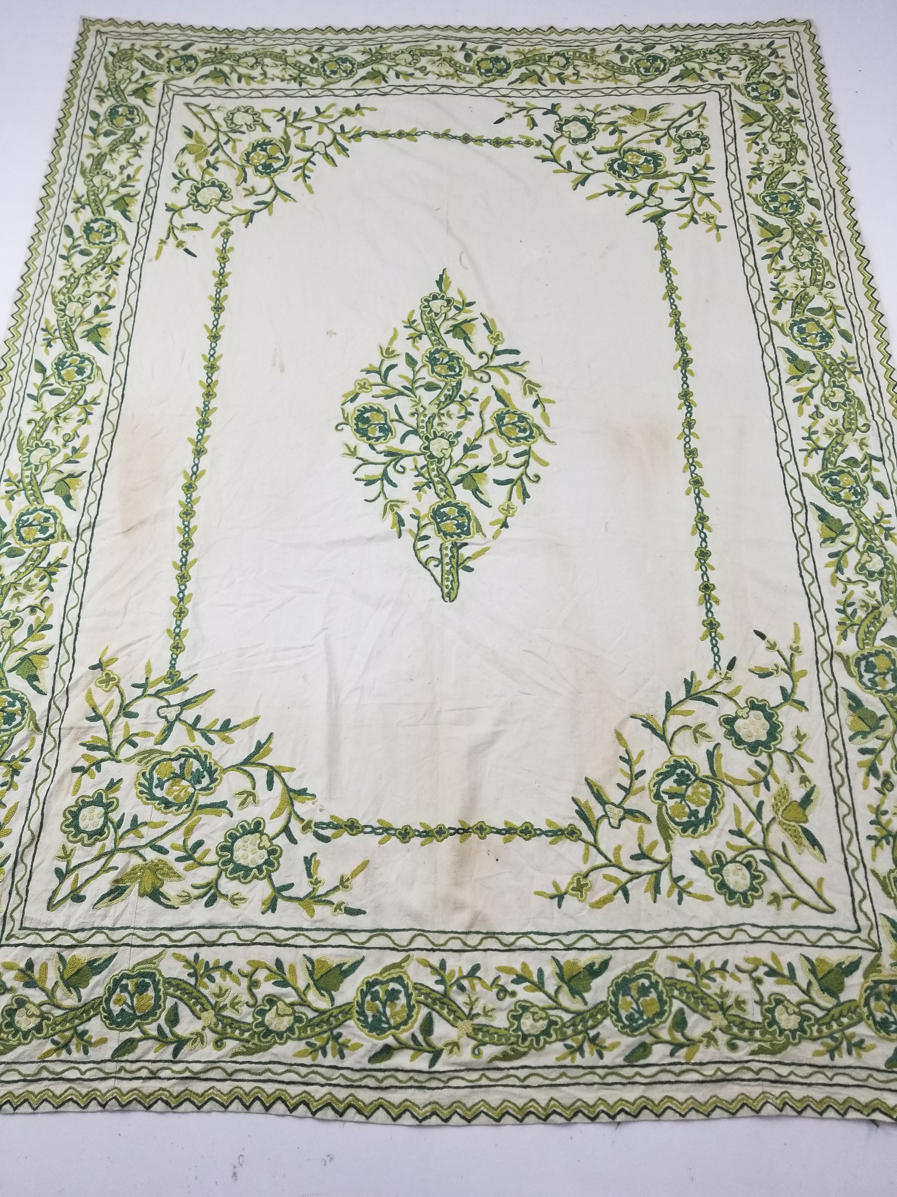 Antique Traditional Indian Kashmiri Crewel Work Floral Tablecloth 237x180cm