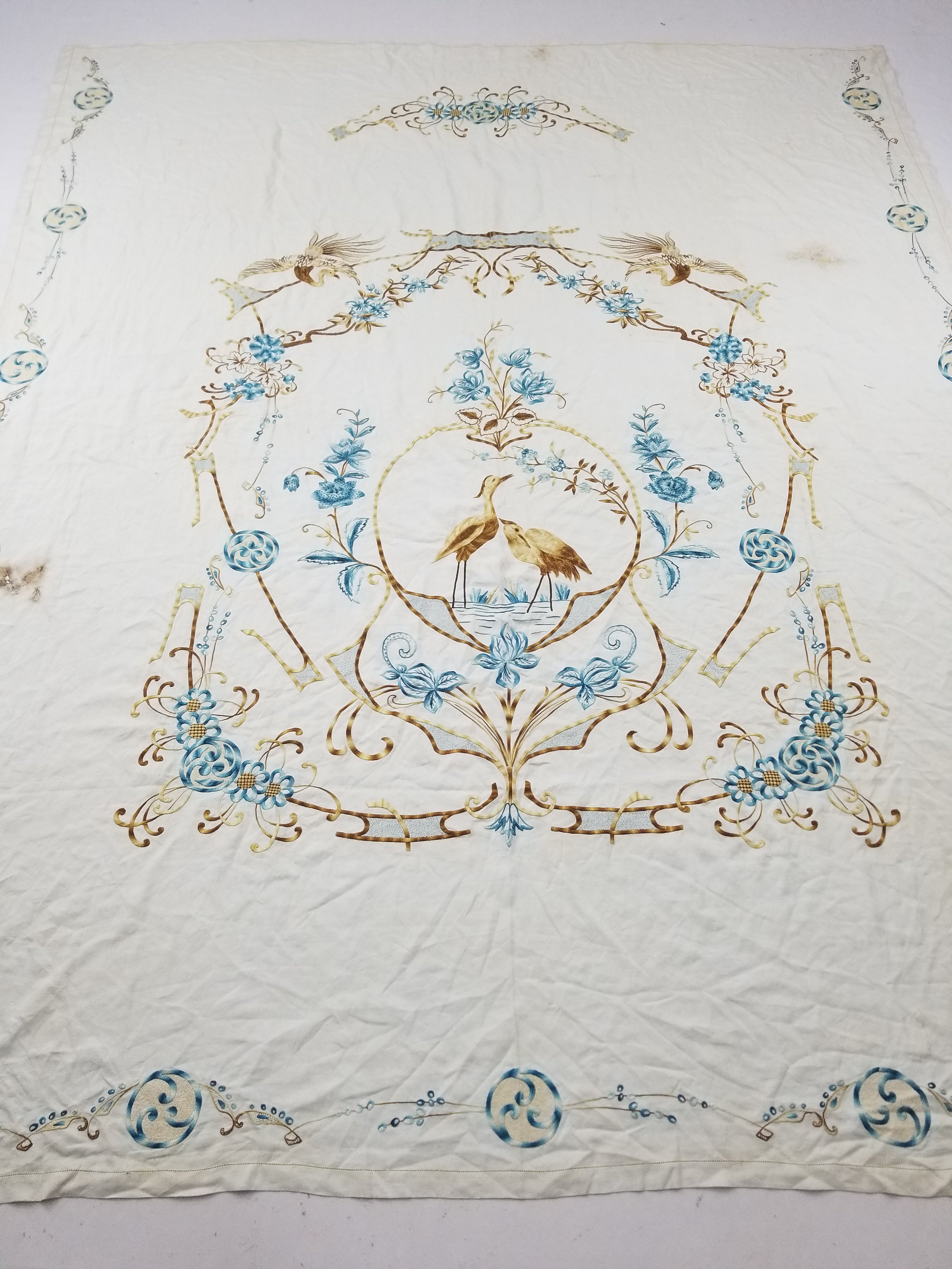 Vintage Traditional Silk Hand Embroidery Birds & Floral Decorative Panel 277x224