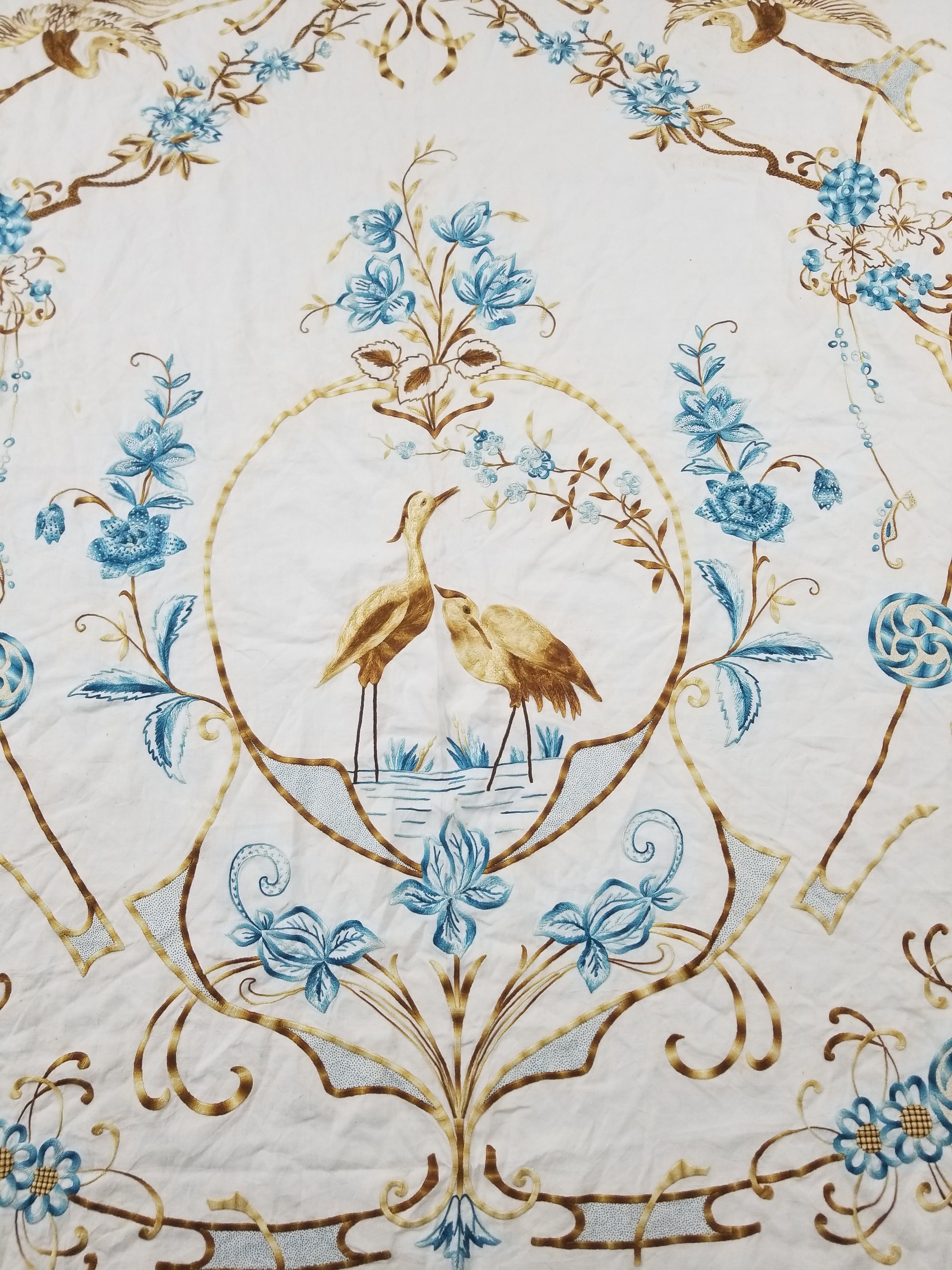 Vintage Traditional Silk Hand Embroidery Birds & Floral Decorative Panel 277x224