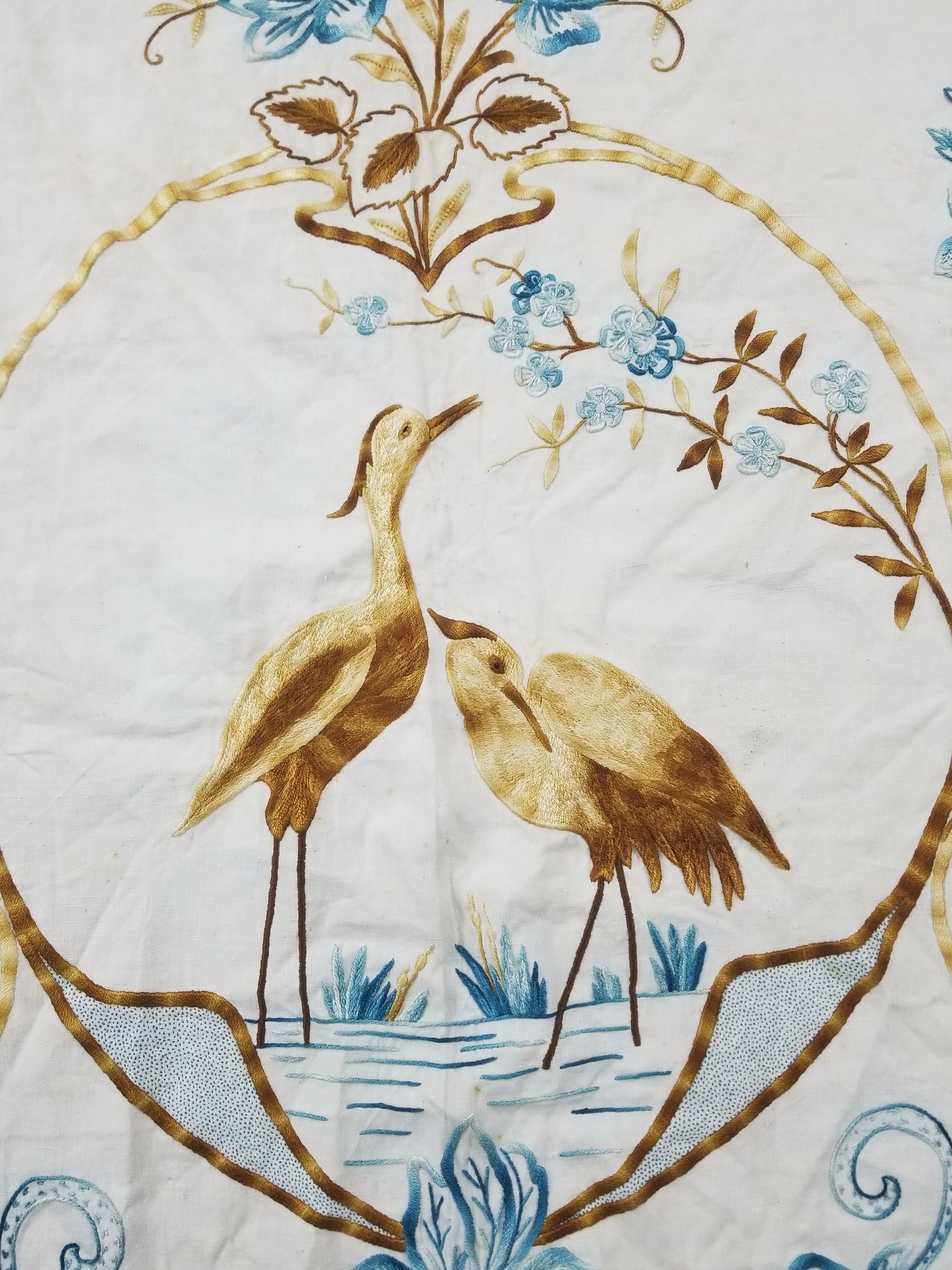 Vintage Traditional Silk Hand Embroidery Birds & Floral Decorative Panel 277x224