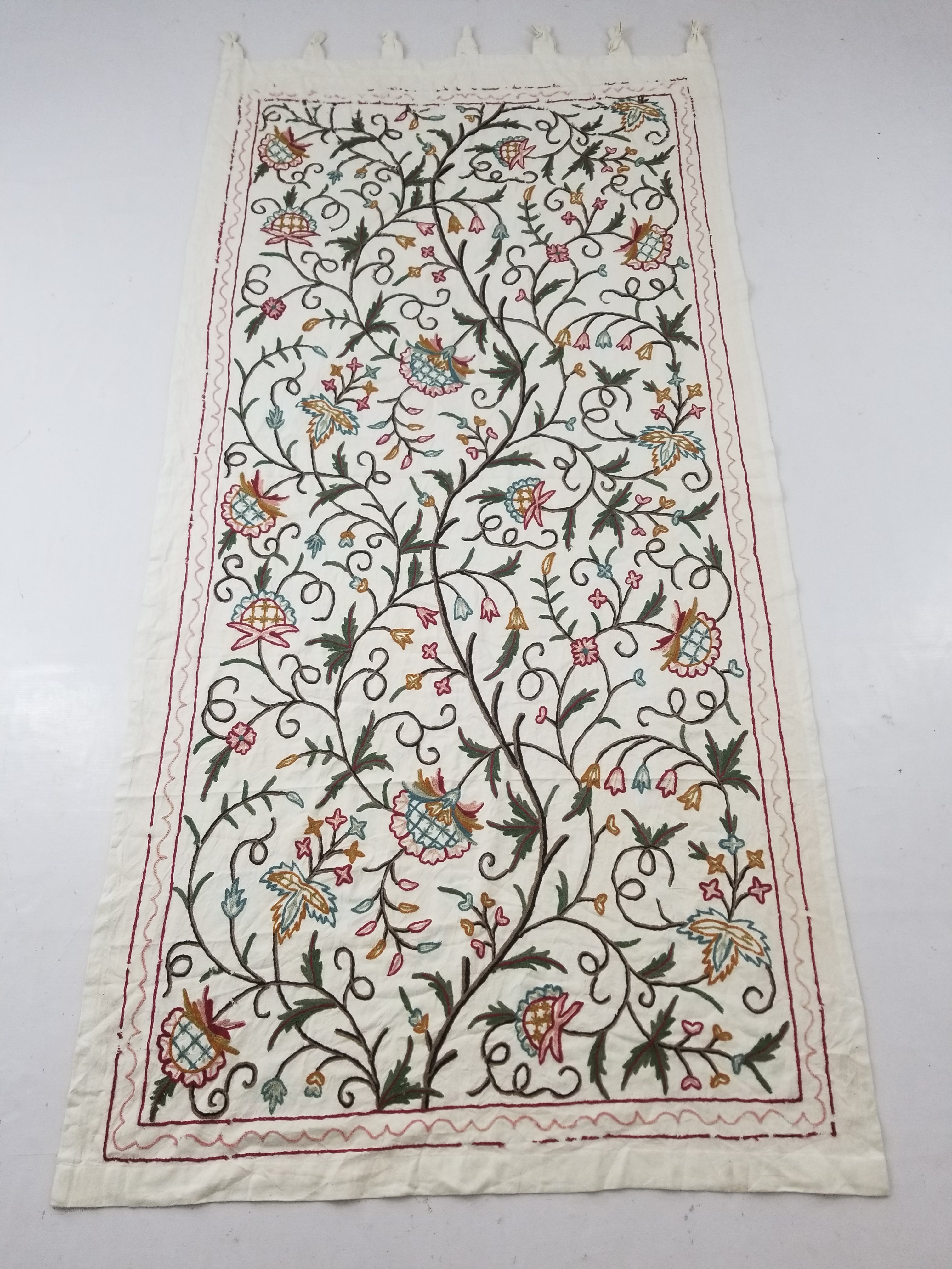 Vintage Indian Kashmir Crewel Work Jacobean Inspired Floral Wall Hanging 240x113