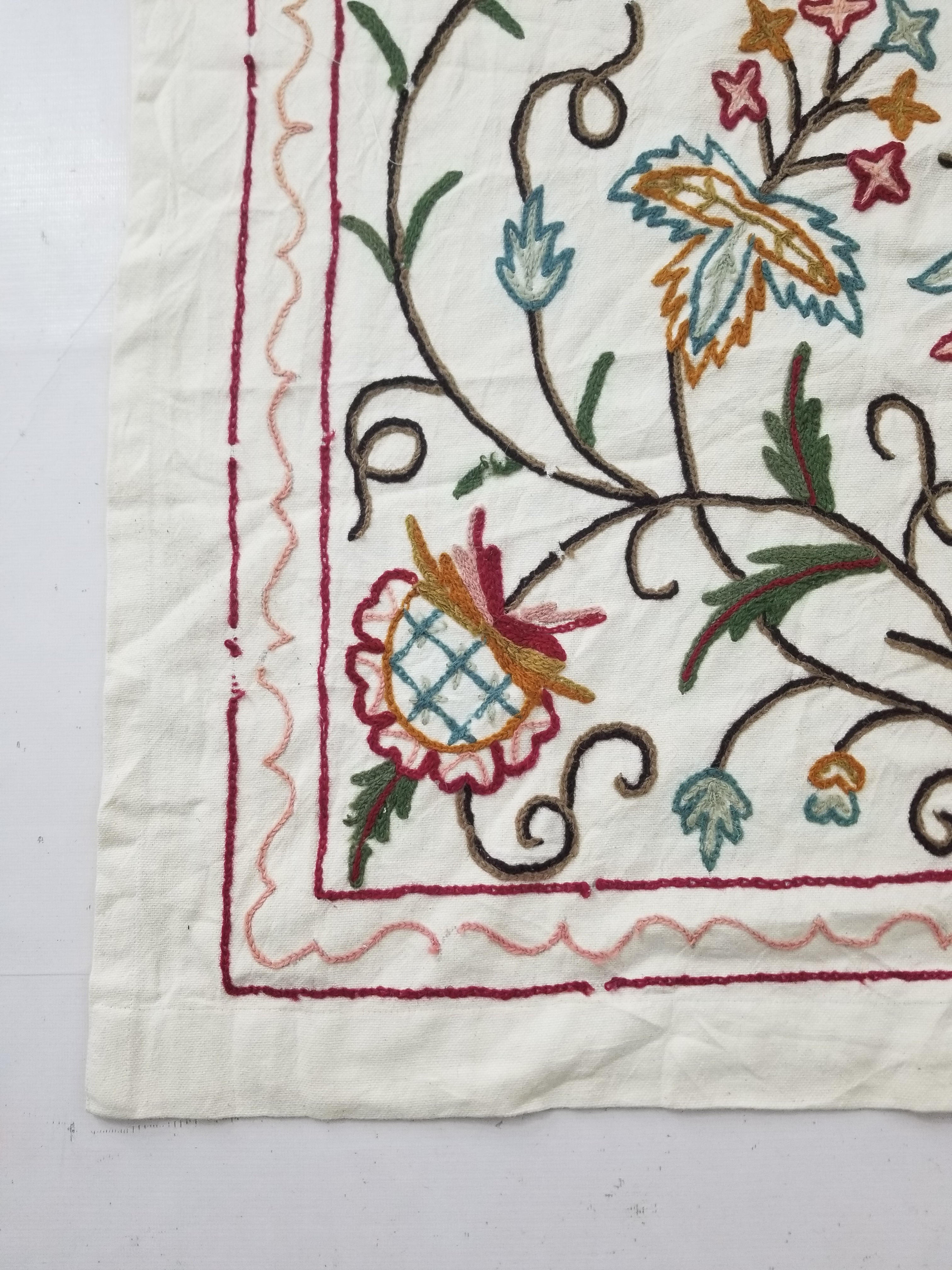 Vintage Indian Kashmir Crewel Work Jacobean Inspired Floral Wall Hanging 240x113