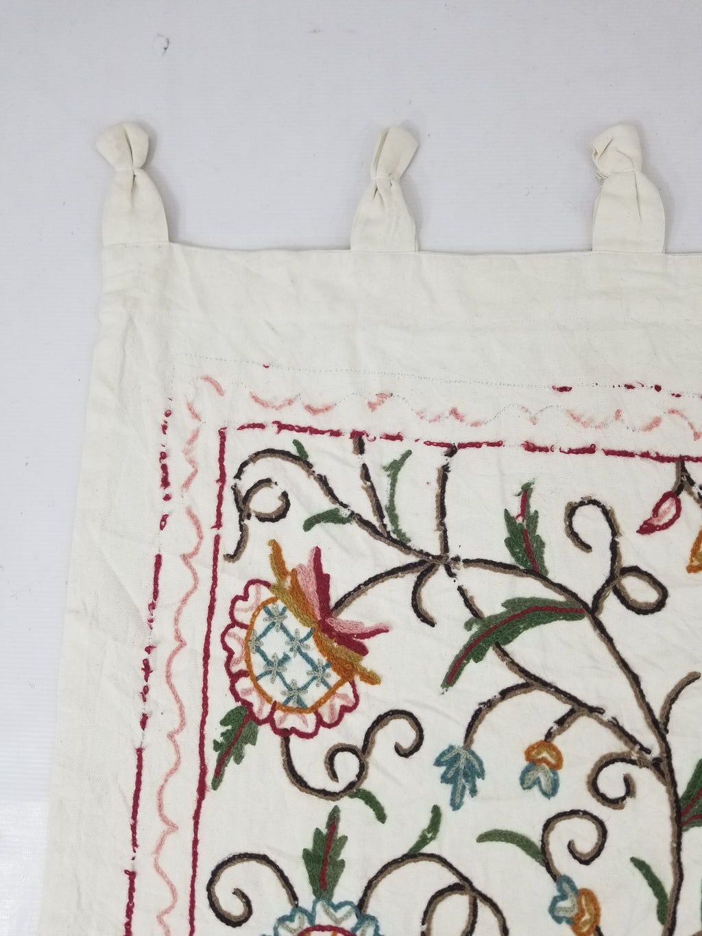 Vintage Indian Kashmir Crewel Work Jacobean Inspired Floral Wall Hanging 240x113