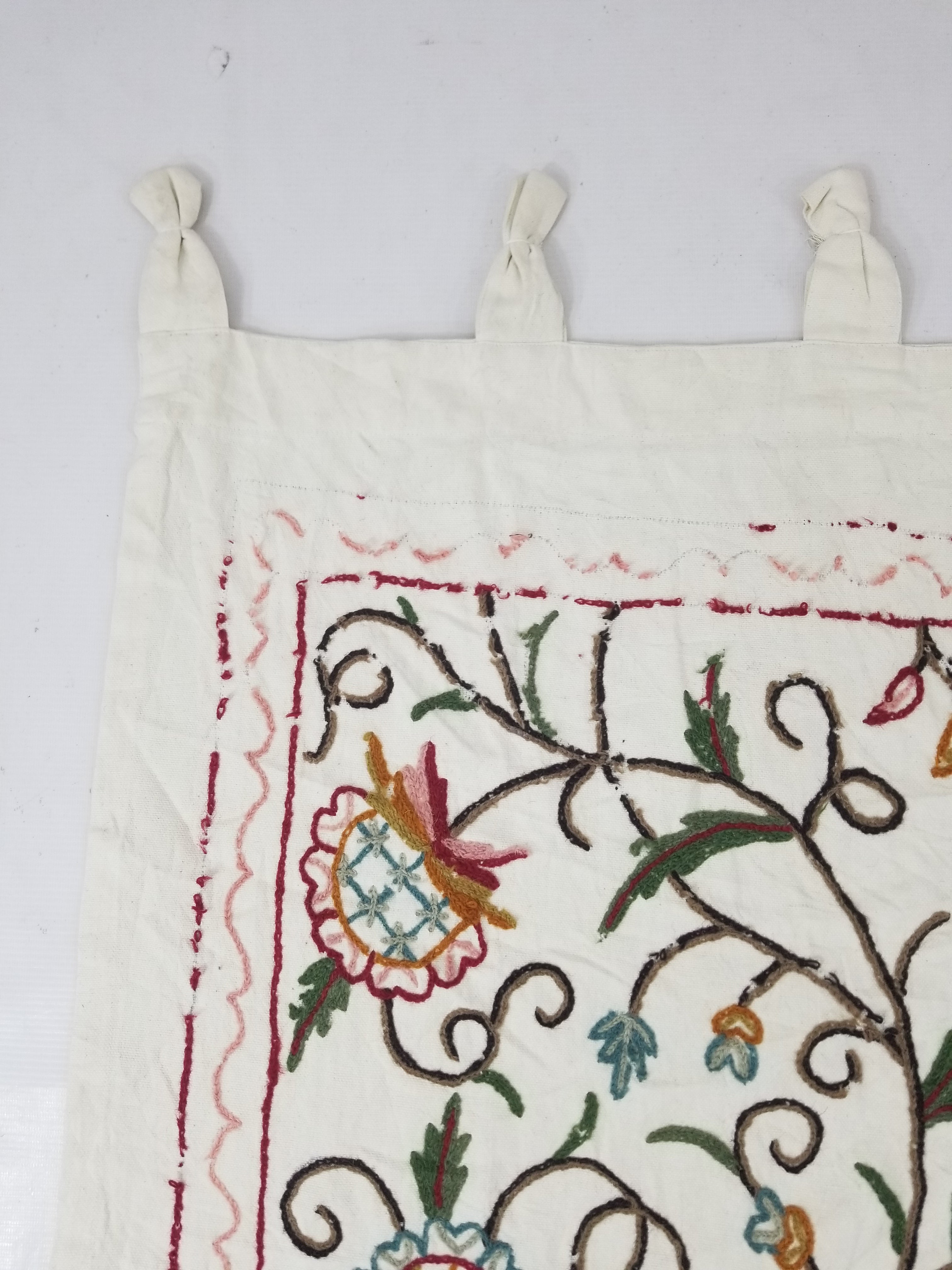 Vintage Indian Kashmir Crewel Work Jacobean Inspired Floral Wall Hanging 240x113