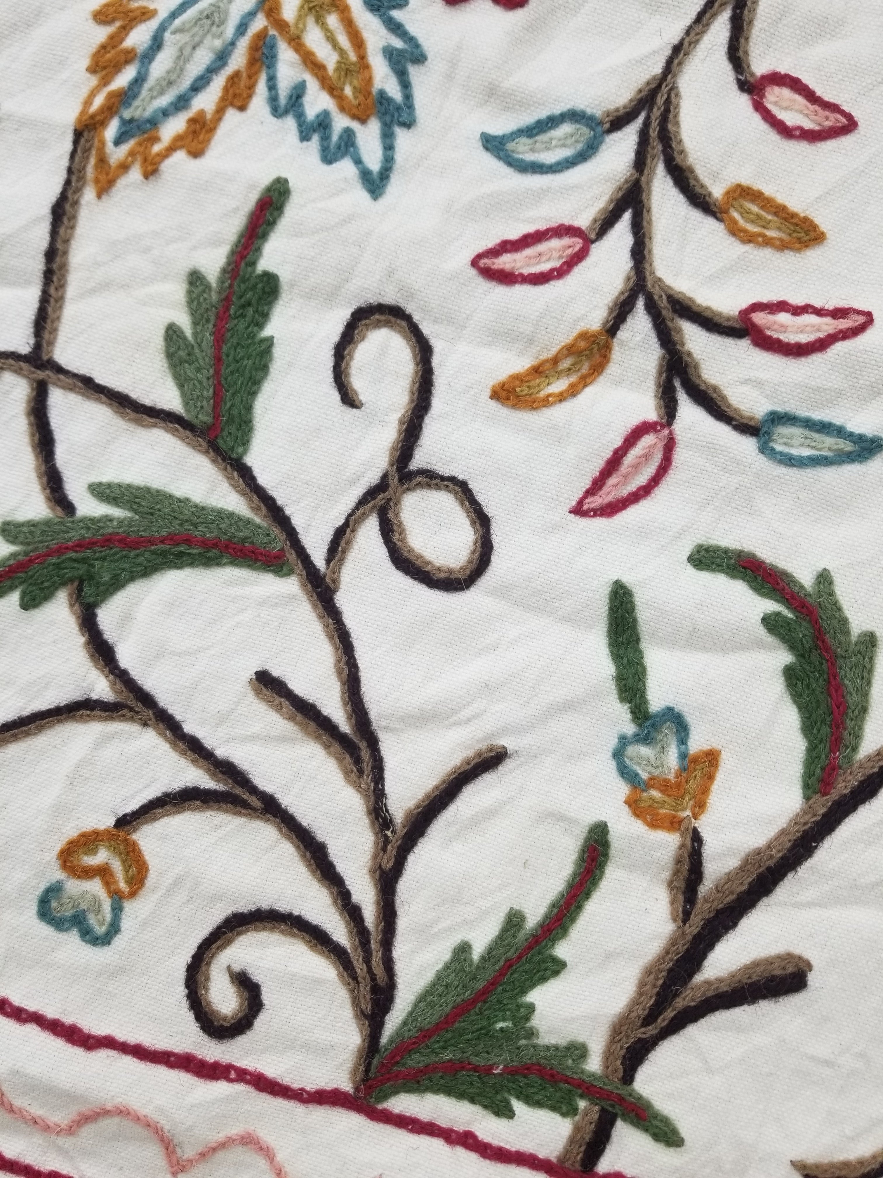 Vintage Indian Kashmir Crewel Work Jacobean Inspired Floral Wall Hanging 240x113