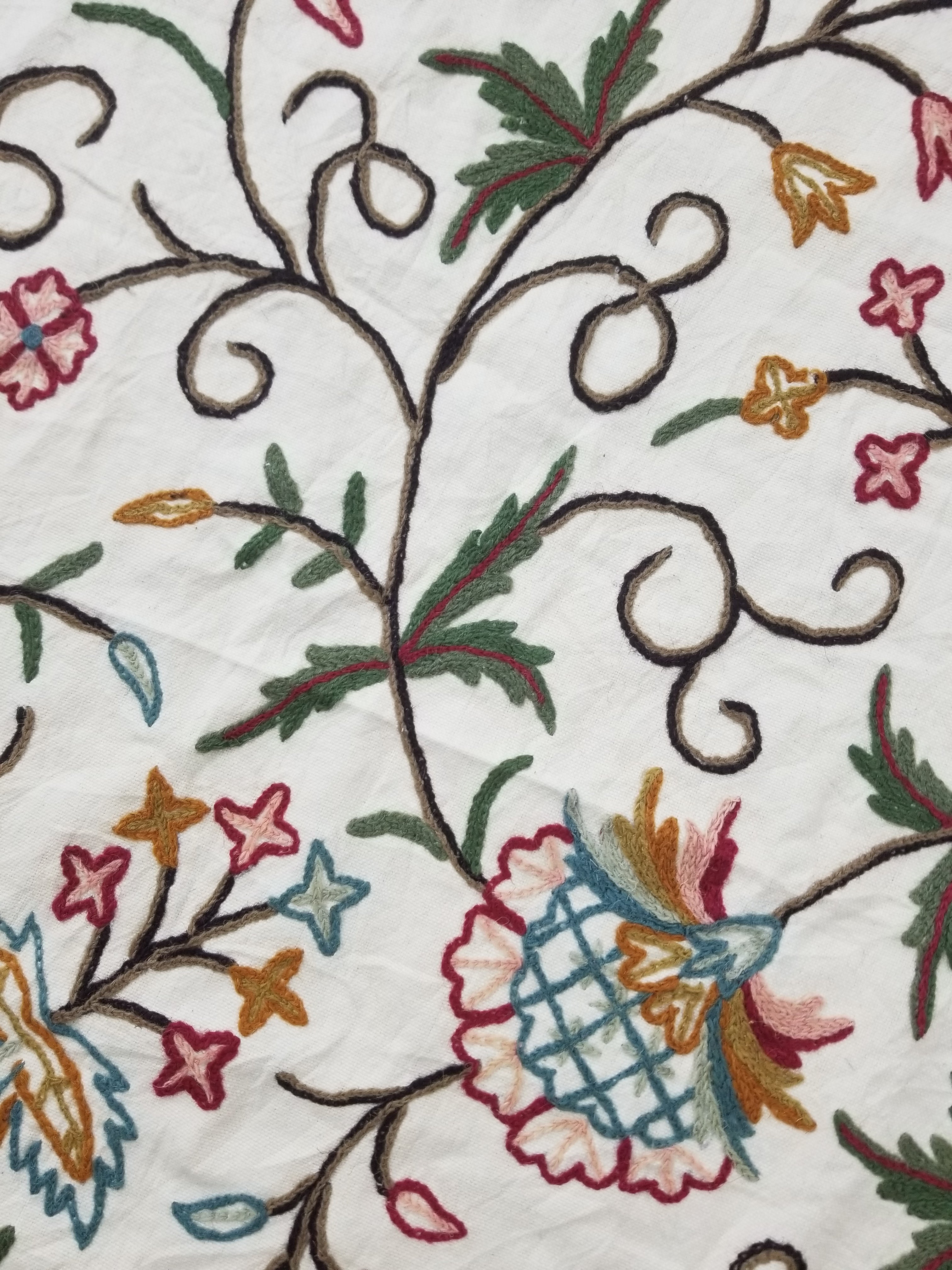 Vintage Indian Kashmir Crewel Work Jacobean Inspired Floral Wall Hanging 240x113