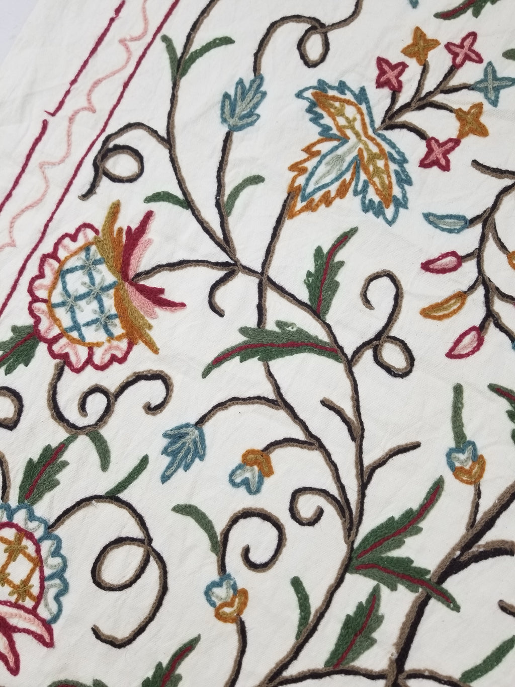 Vintage Indian Kashmir Crewel Work Jacobean Inspired Floral Wall Hanging 240x113