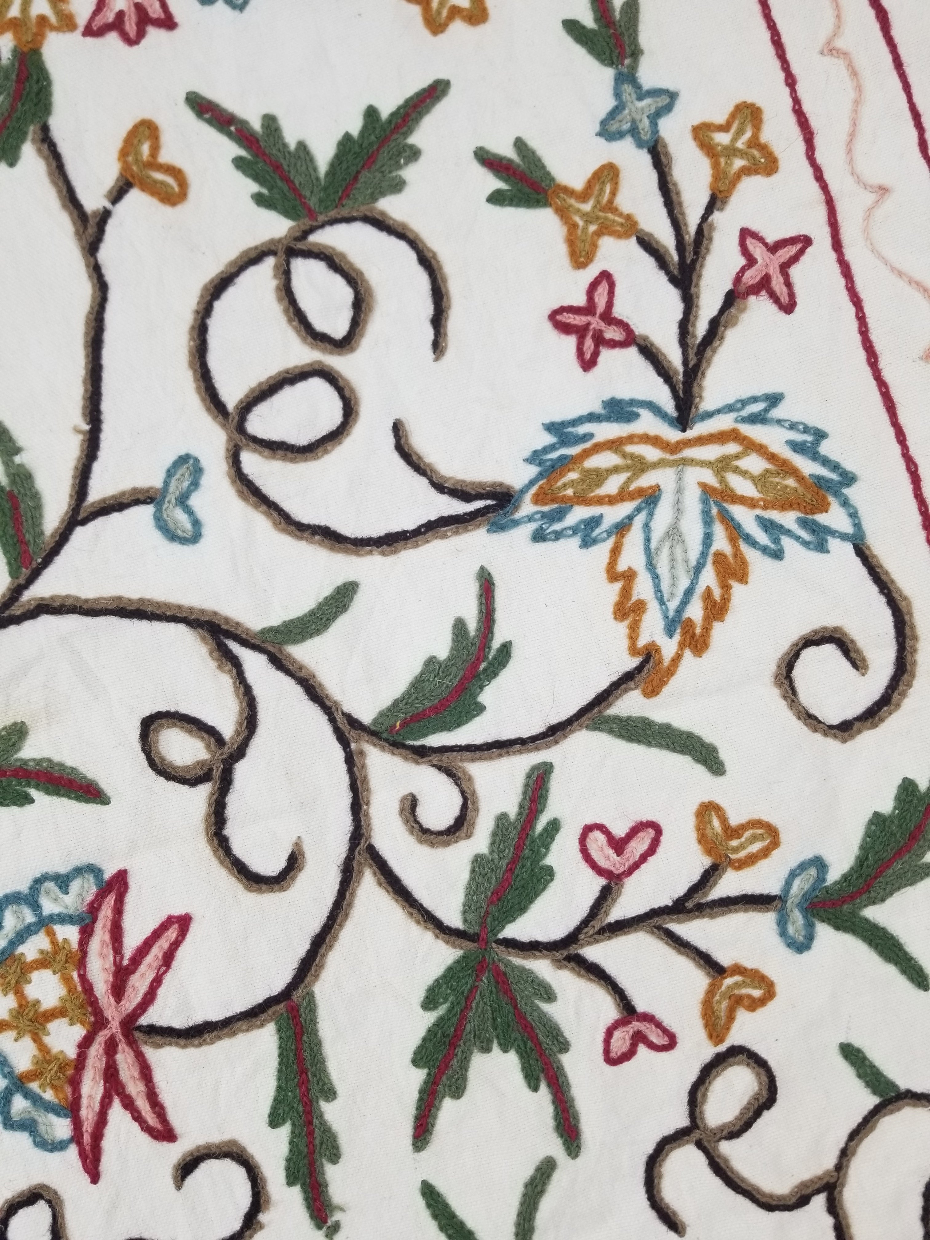 Vintage Indian Kashmir Crewel Work Jacobean Inspired Floral Wall Hanging 240x113