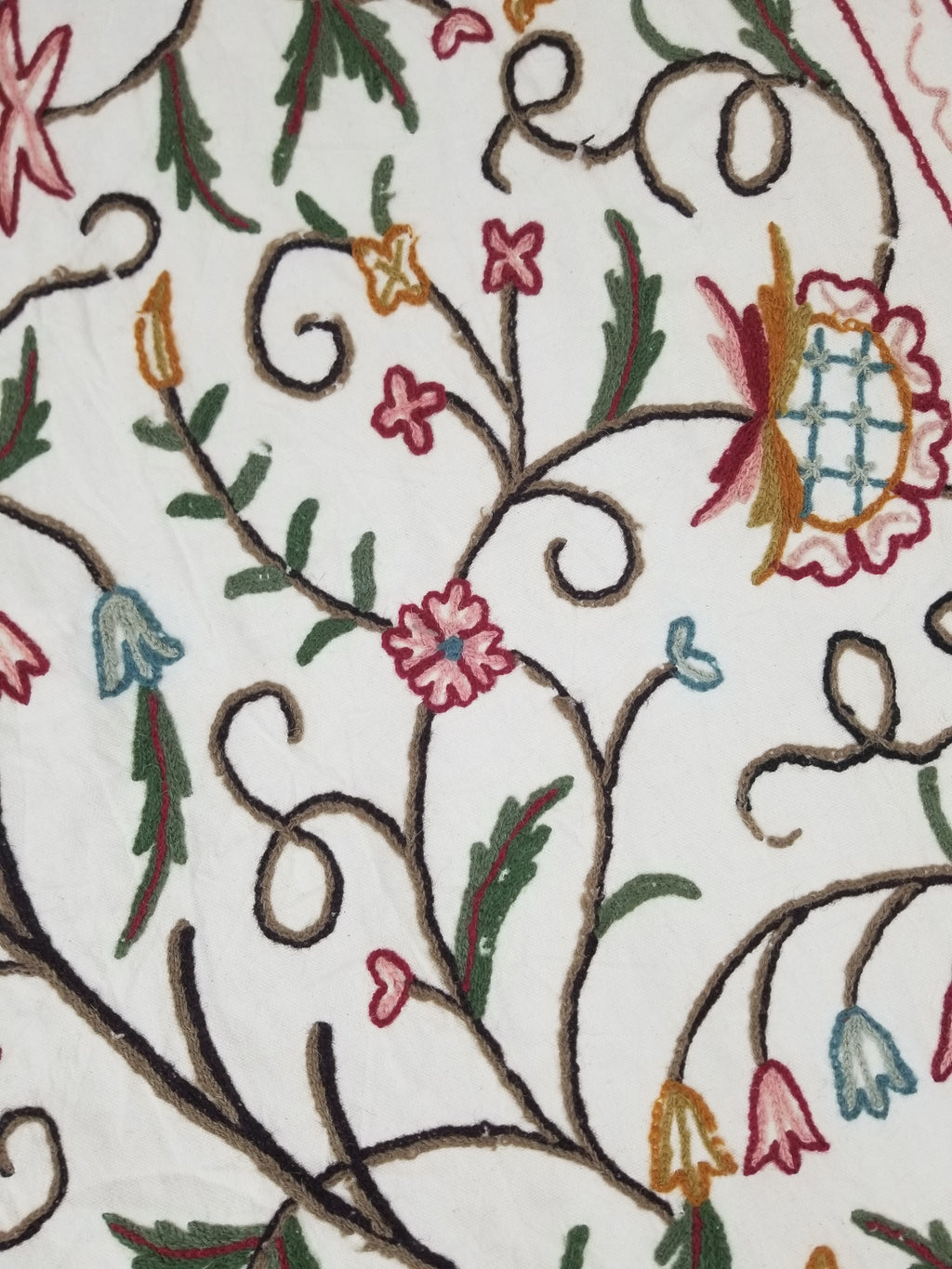 Vintage Indian Kashmir Crewel Work Jacobean Inspired Floral Wall Hanging 240x113