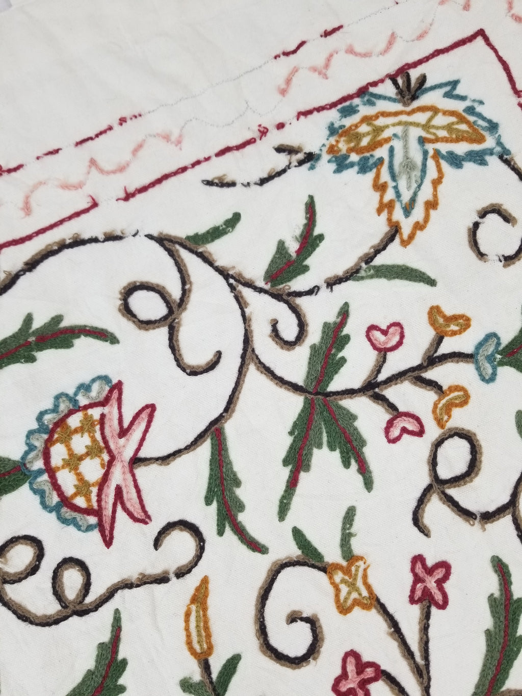 Vintage Indian Kashmir Crewel Work Jacobean Inspired Floral Wall Hanging 240x113