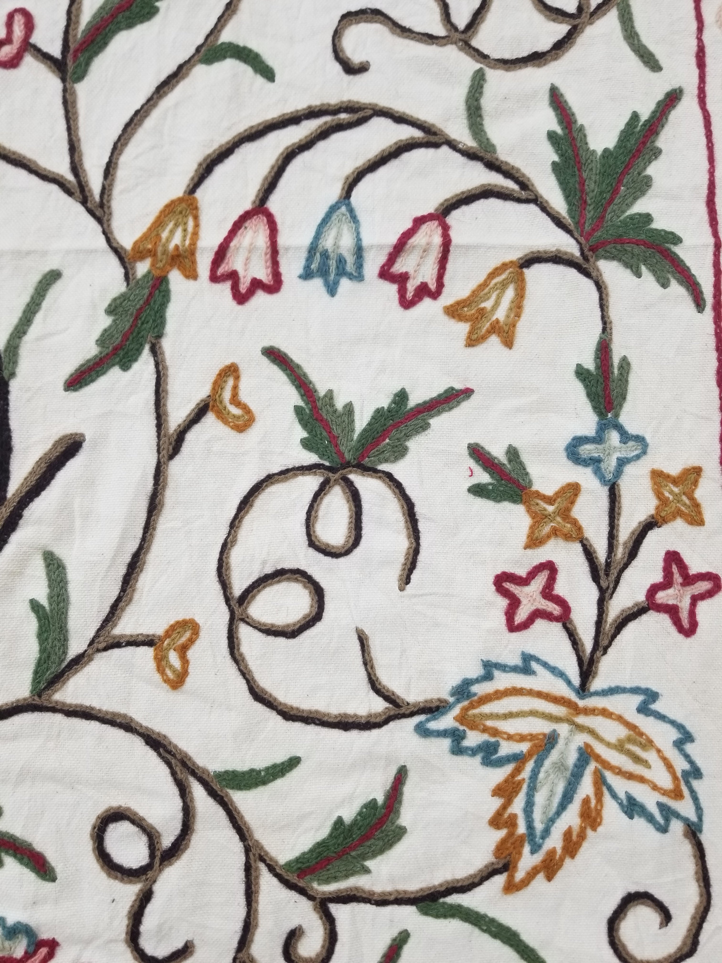 Vintage Indian Kashmir Crewel Work Jacobean Inspired Floral Wall Hanging 240x113