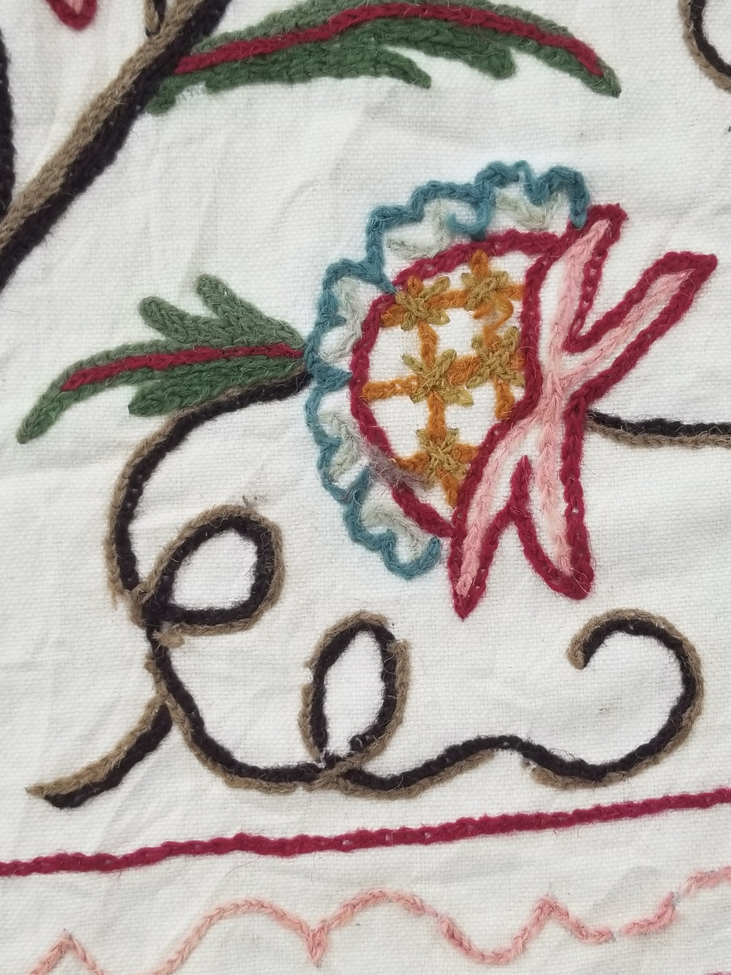 Vintage Indian Kashmir Crewel Work Jacobean Inspired Floral Wall Hanging 240x113