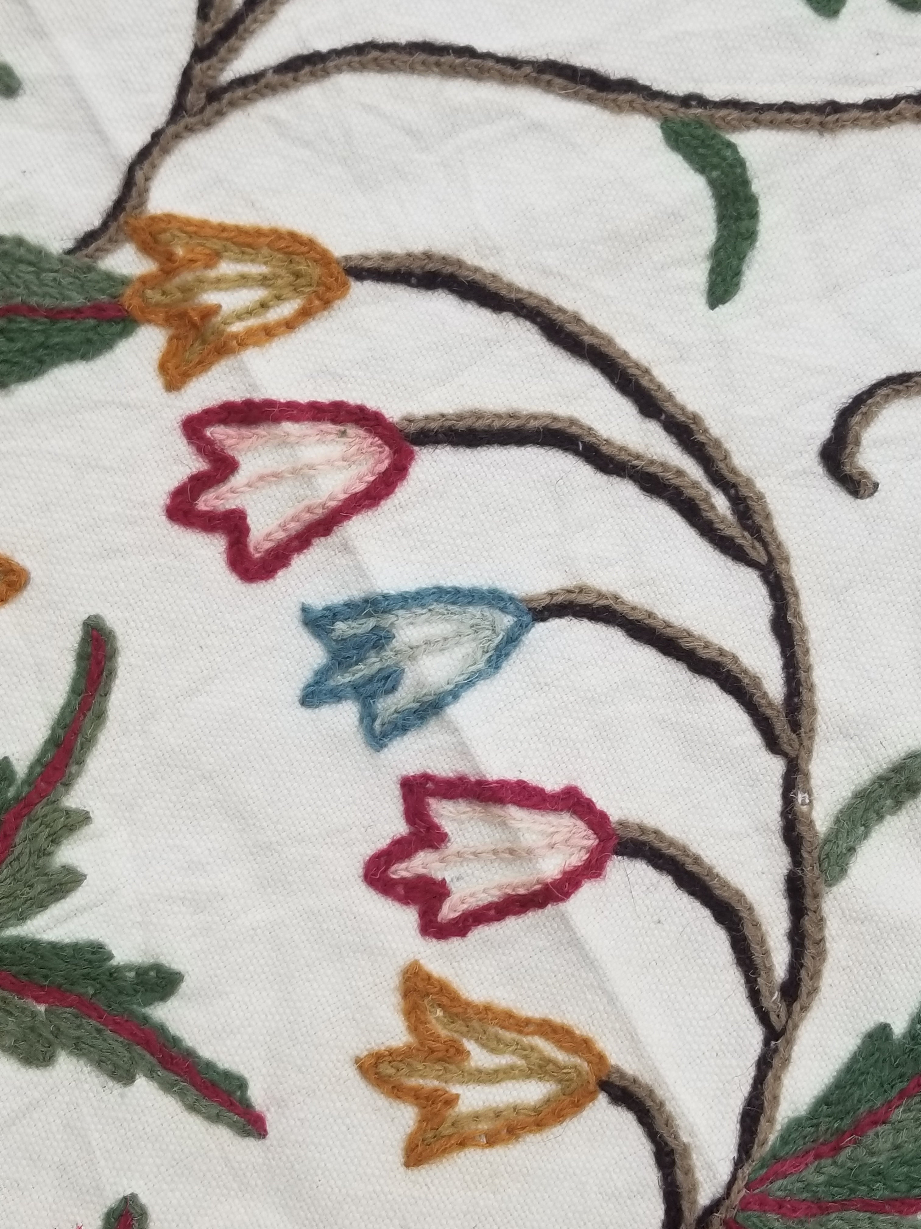 Vintage Indian Kashmir Crewel Work Jacobean Inspired Floral Wall Hanging 240x113