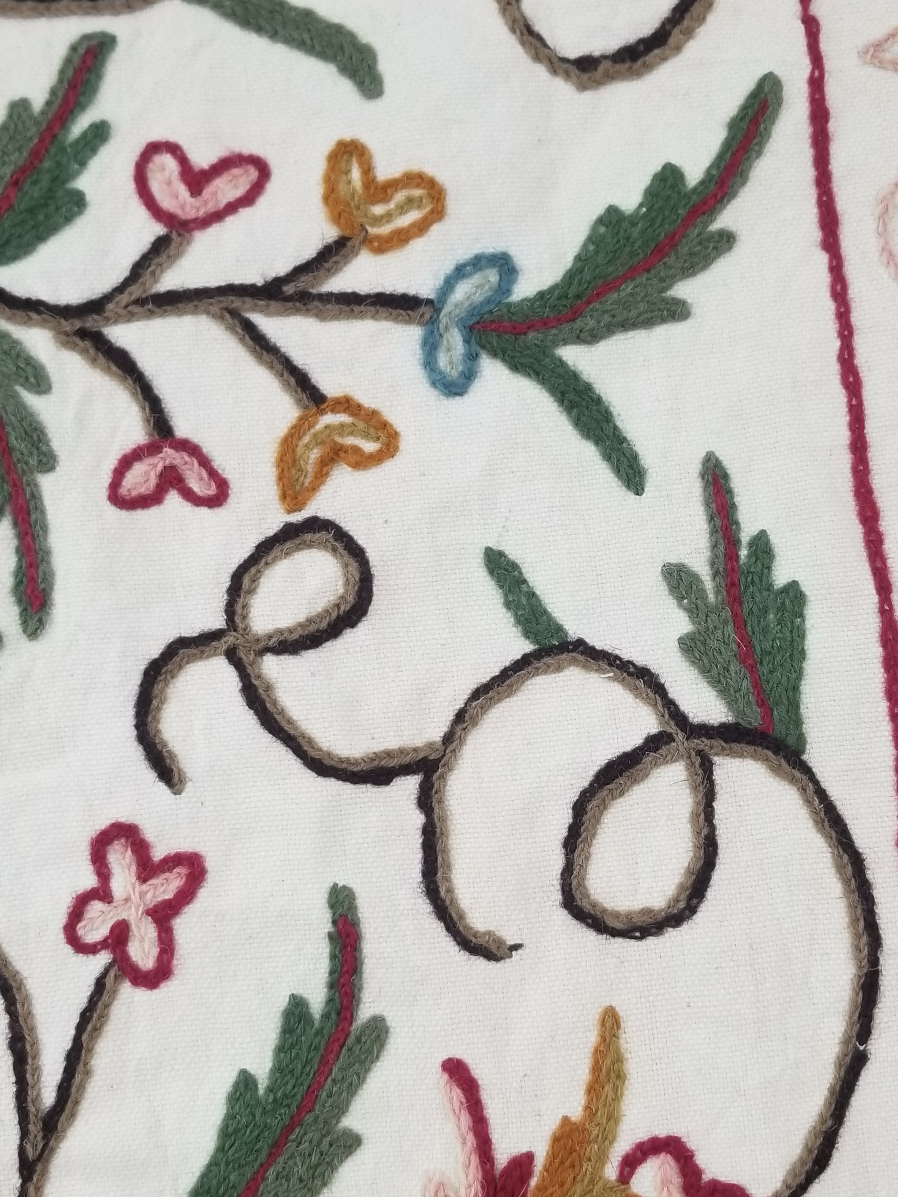 Vintage Indian Kashmir Crewel Work Jacobean Inspired Floral Wall Hanging 240x113