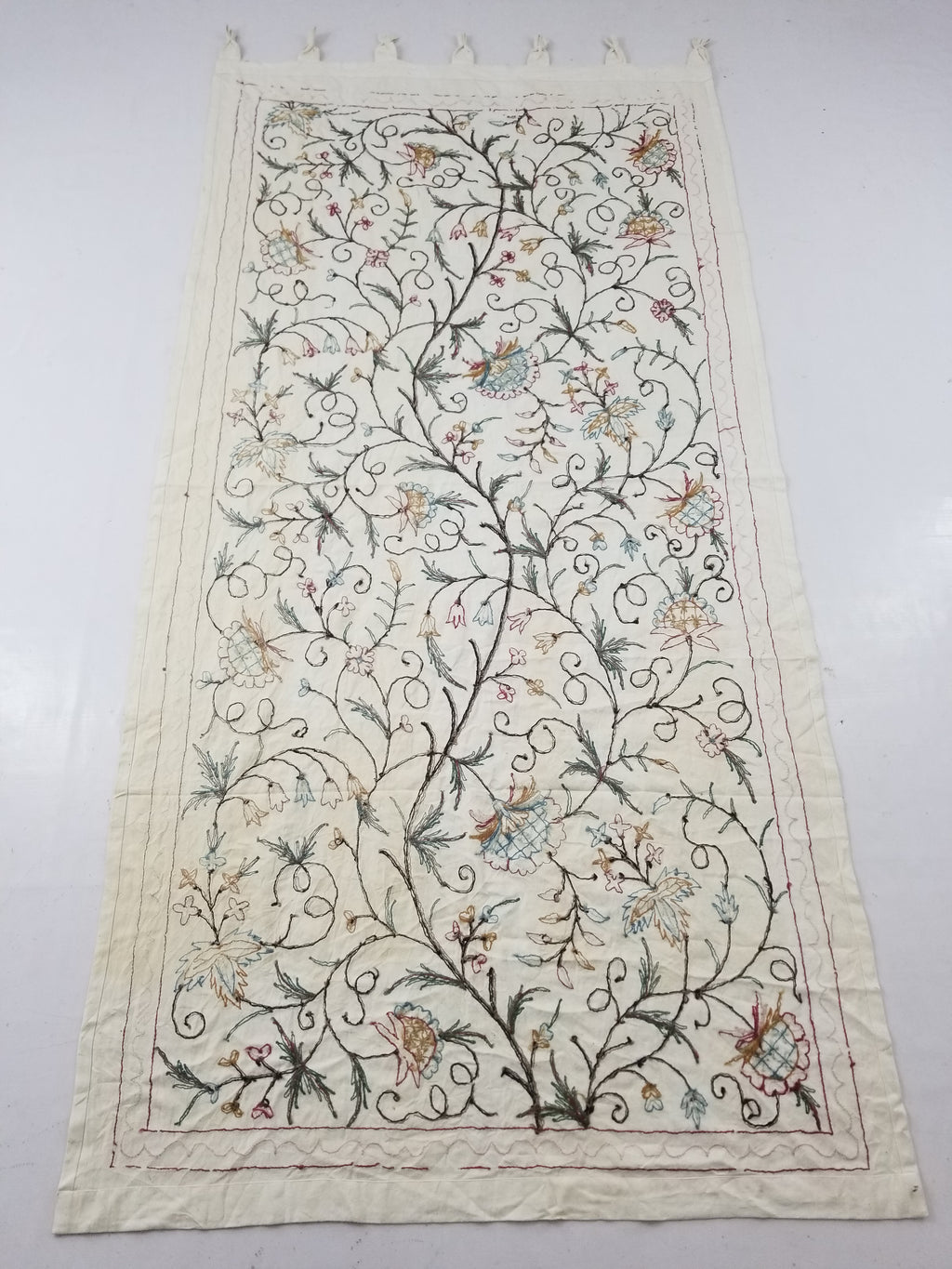 Vintage Indian Kashmir Crewel Work Jacobean Inspired Floral Wall Hanging 240x113