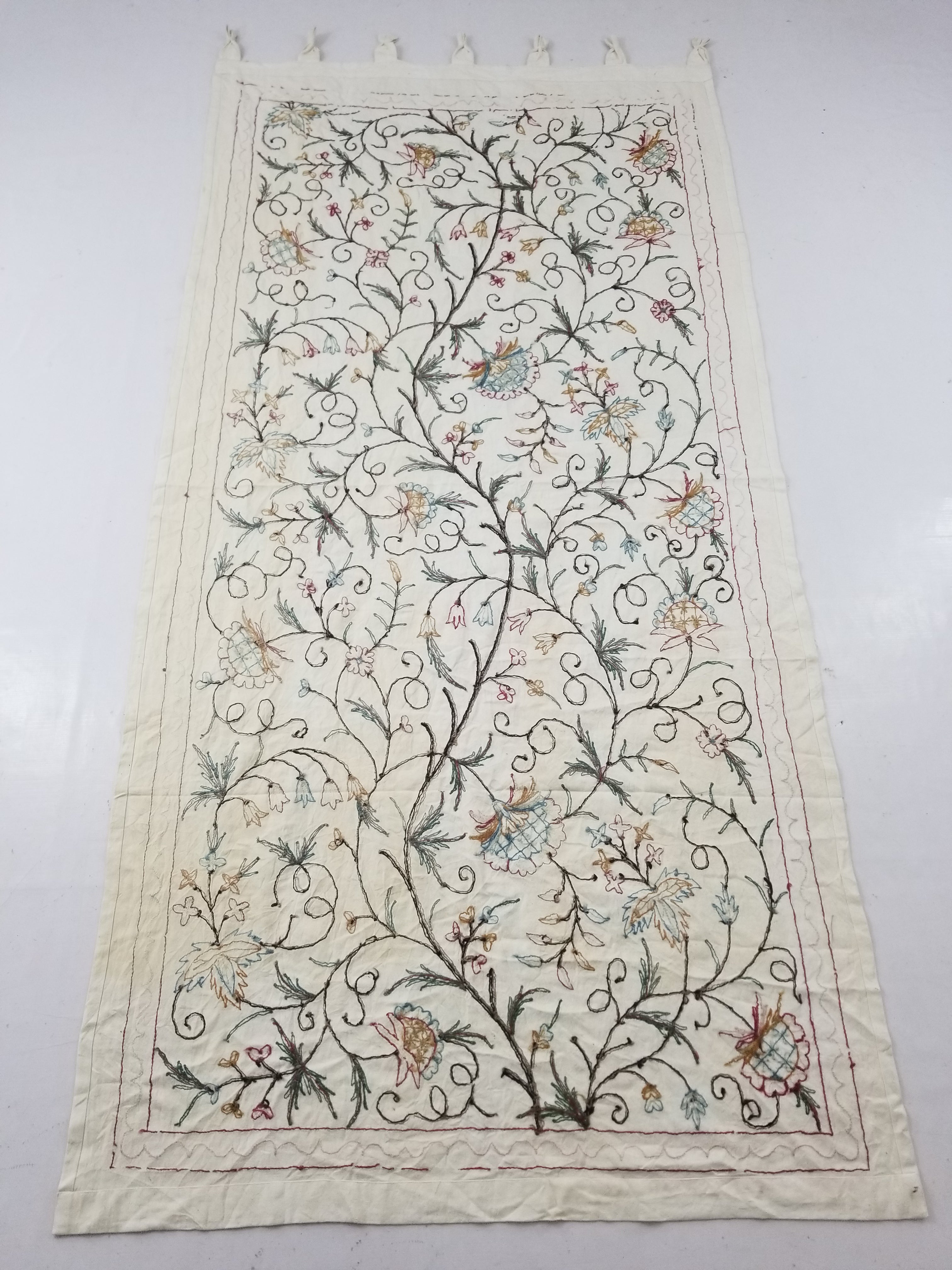 Vintage Indian Kashmir Crewel Work Jacobean Inspired Floral Wall Hanging 240x113