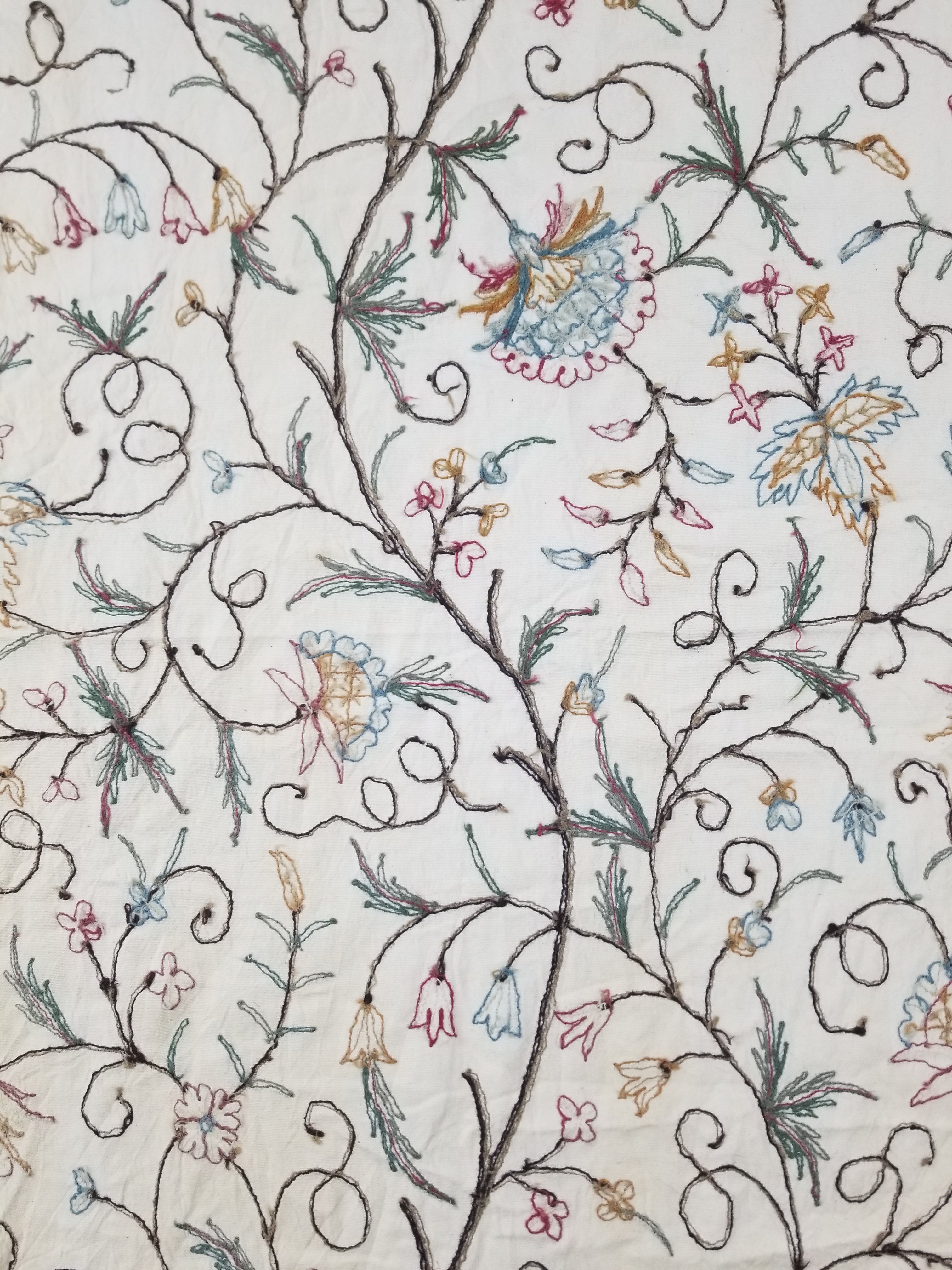 Vintage Indian Kashmir Crewel Work Jacobean Inspired Floral Wall Hanging 240x113