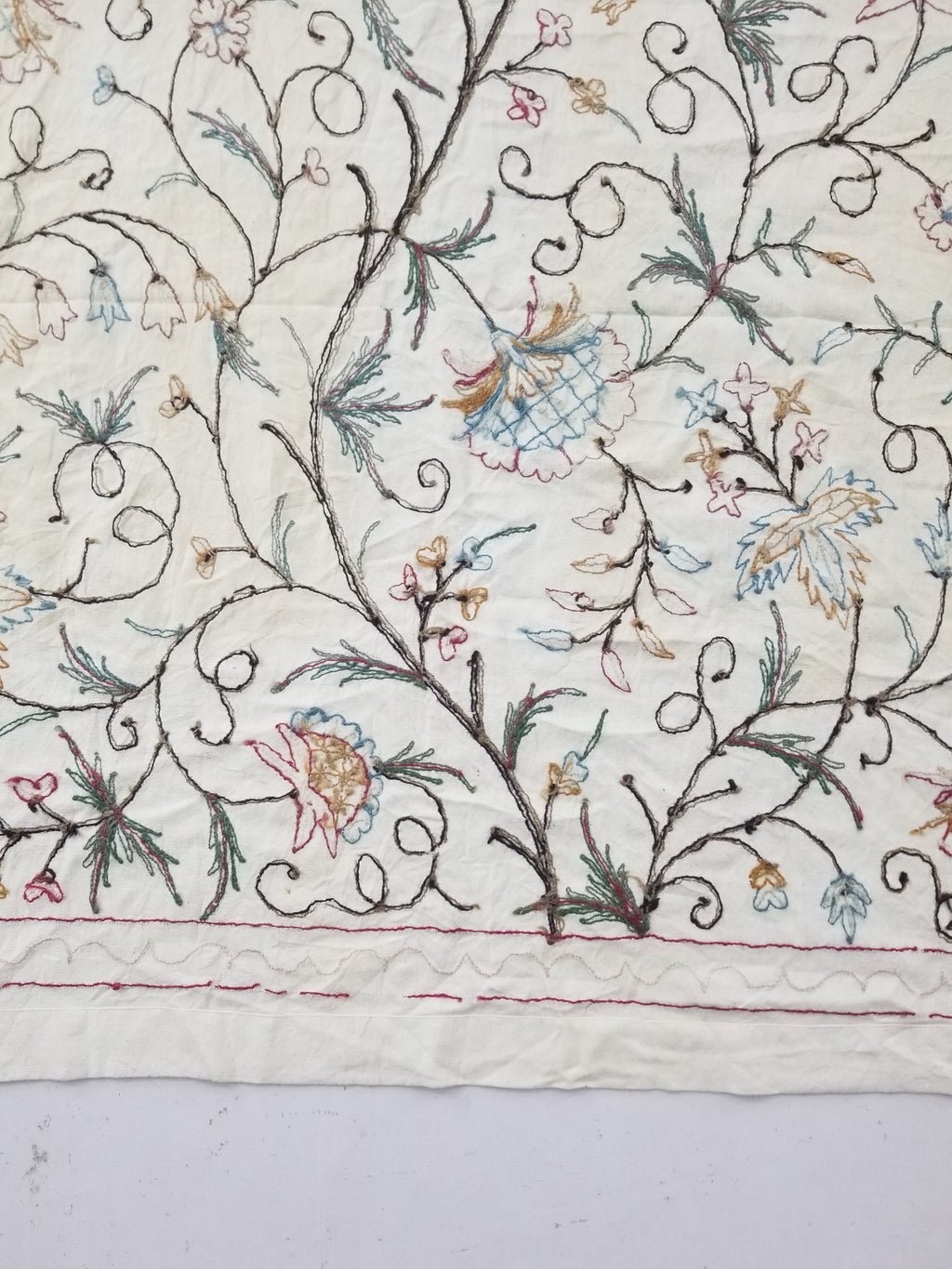 Vintage Indian Kashmir Crewel Work Jacobean Inspired Floral Wall Hanging 240x113