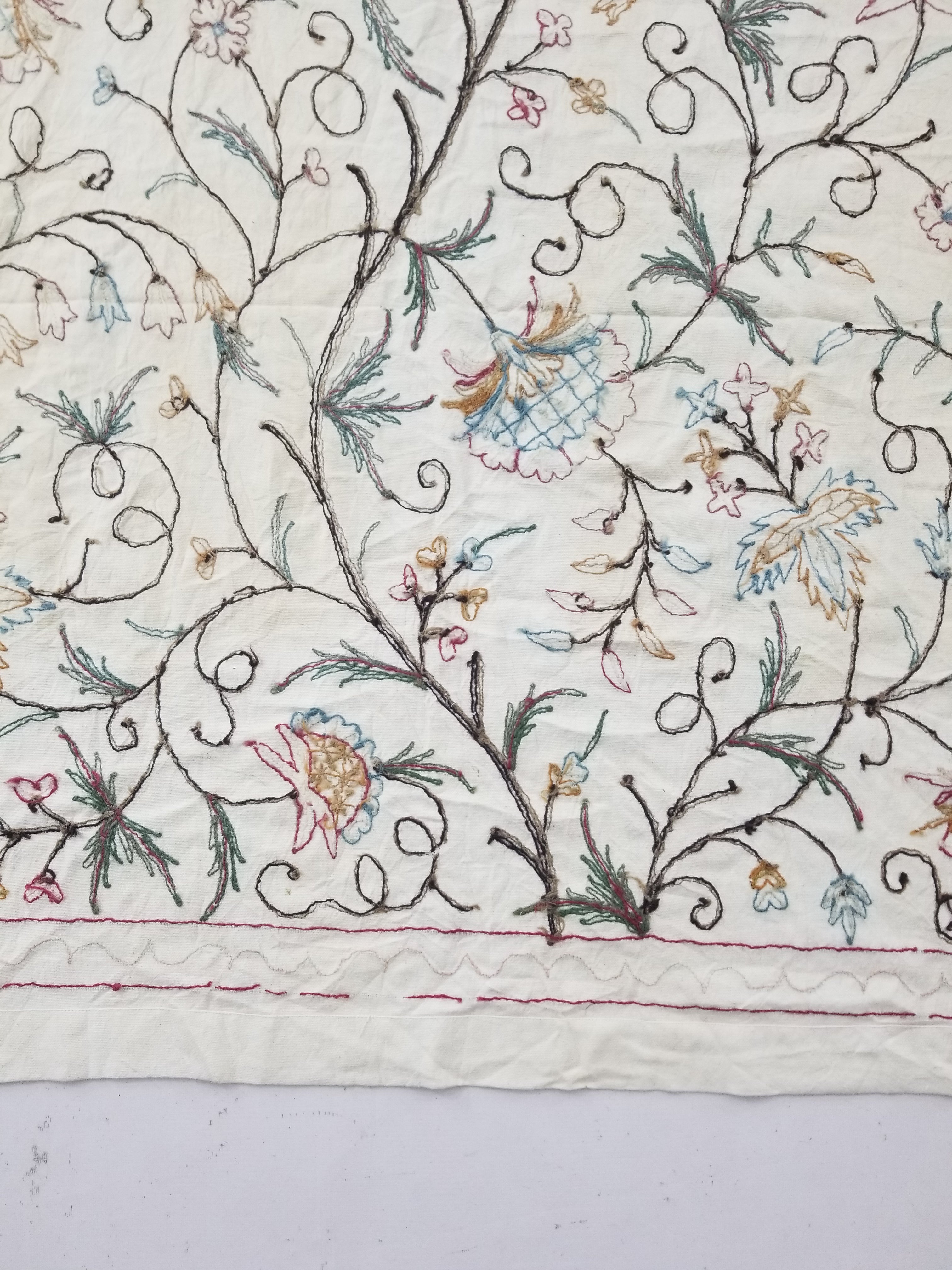 Vintage Indian Kashmir Crewel Work Jacobean Inspired Floral Wall Hanging 240x113