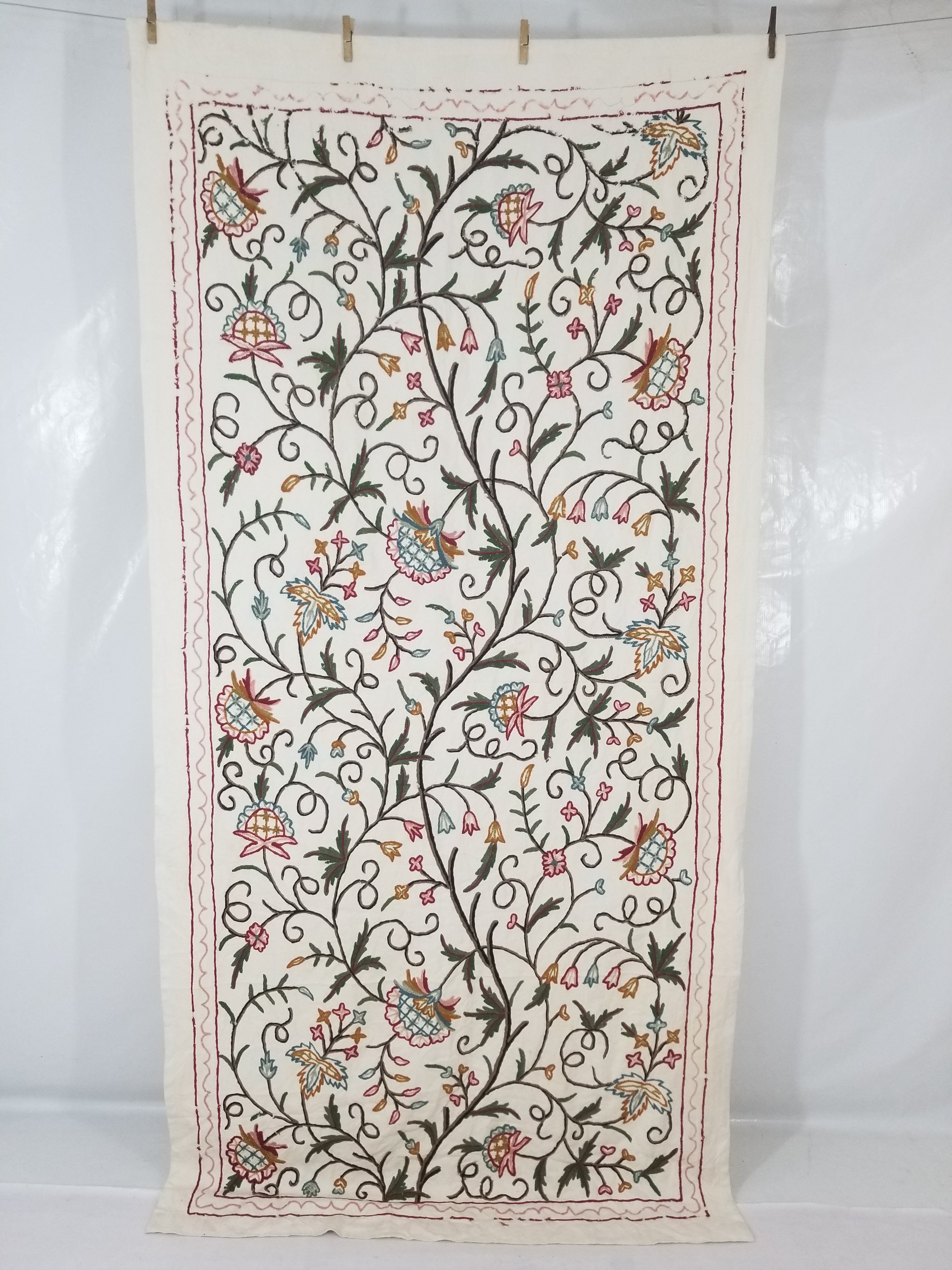 Vintage Indian Kashmir Crewel Work Jacobean Inspired Floral Wall Hanging 240x113