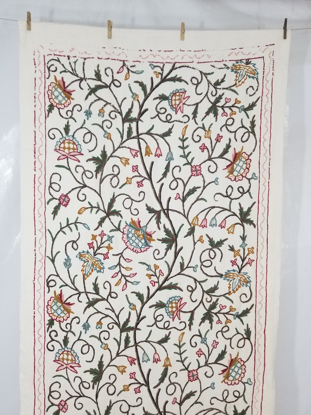 Vintage Indian Kashmir Crewel Work Jacobean Inspired Floral Wall Hanging 240x113