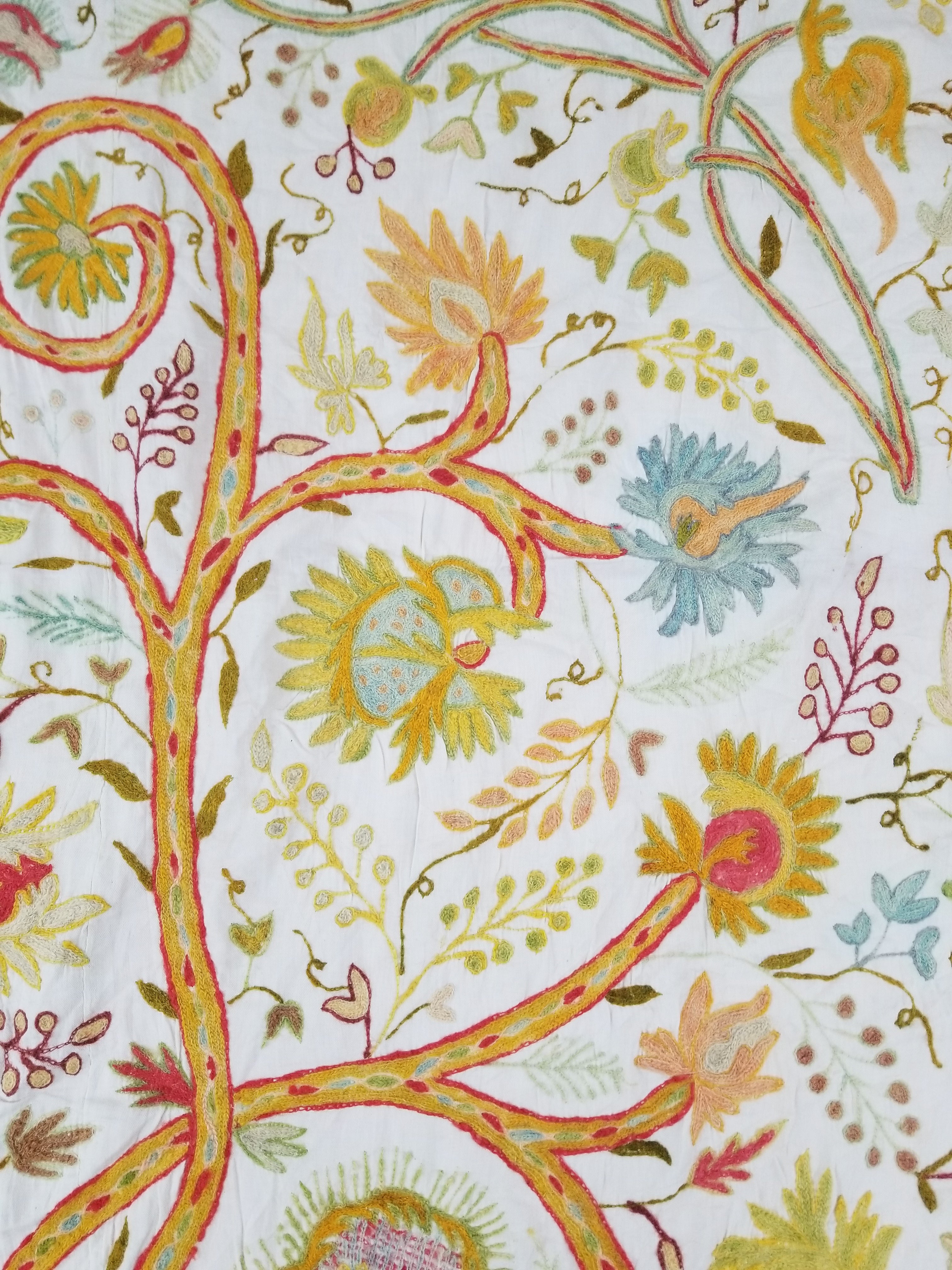 Antique Traditional Kashmir Crewel Embroidery Tree of Life Wall Tapestry 253x115