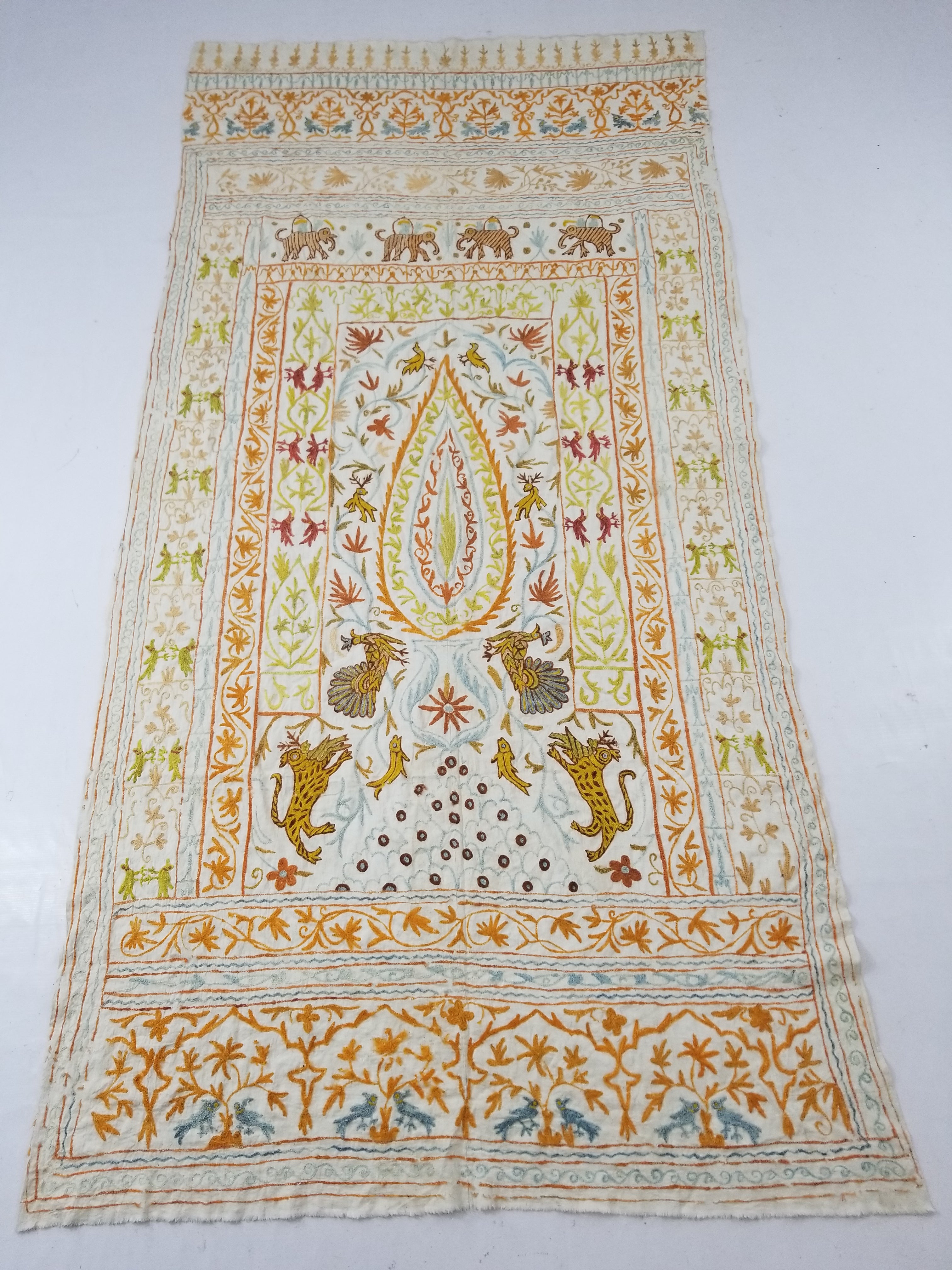 Antique Indian Mythical & Natural Motifs Crewel Embroidered Tapestry 253x124cm