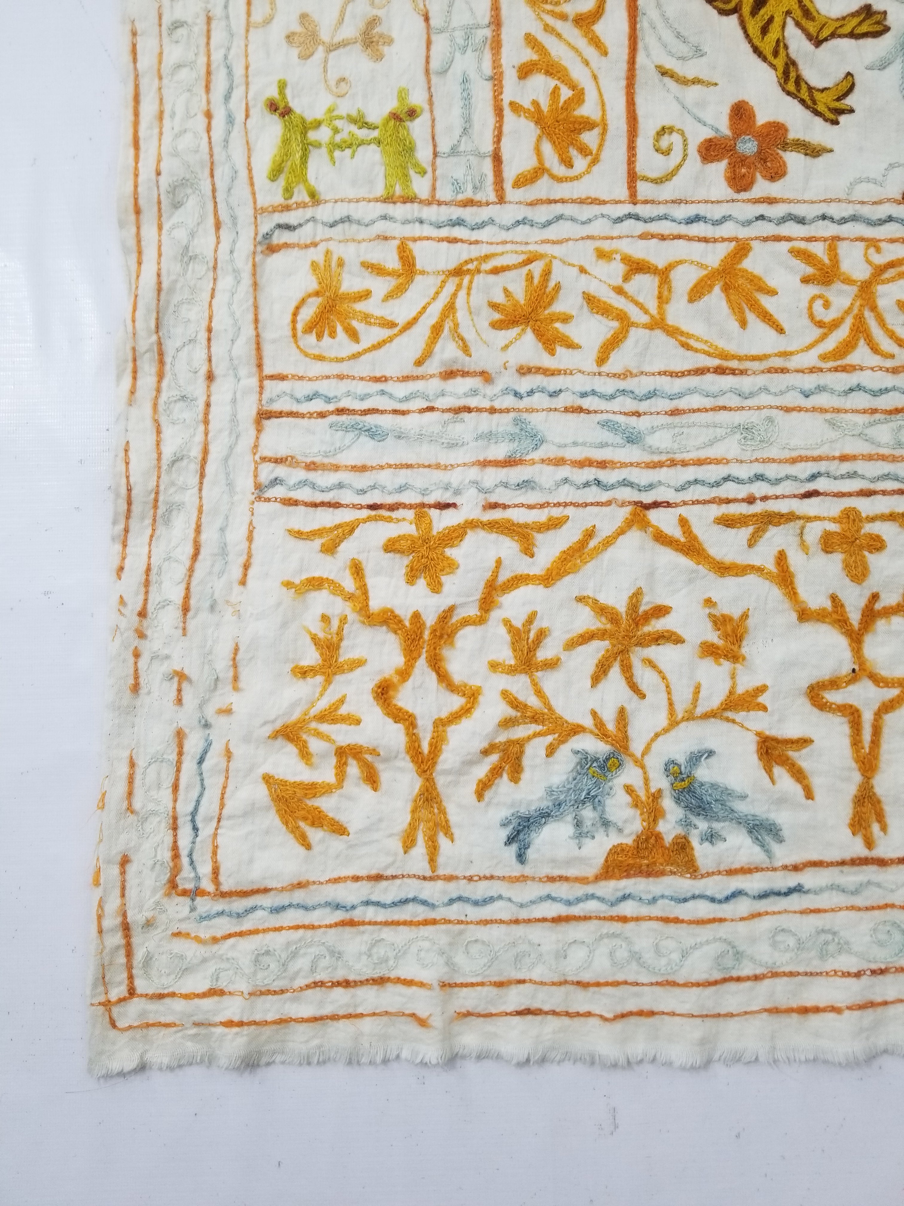 Antique Indian Mythical & Natural Motifs Crewel Embroidered Tapestry 253x124cm
