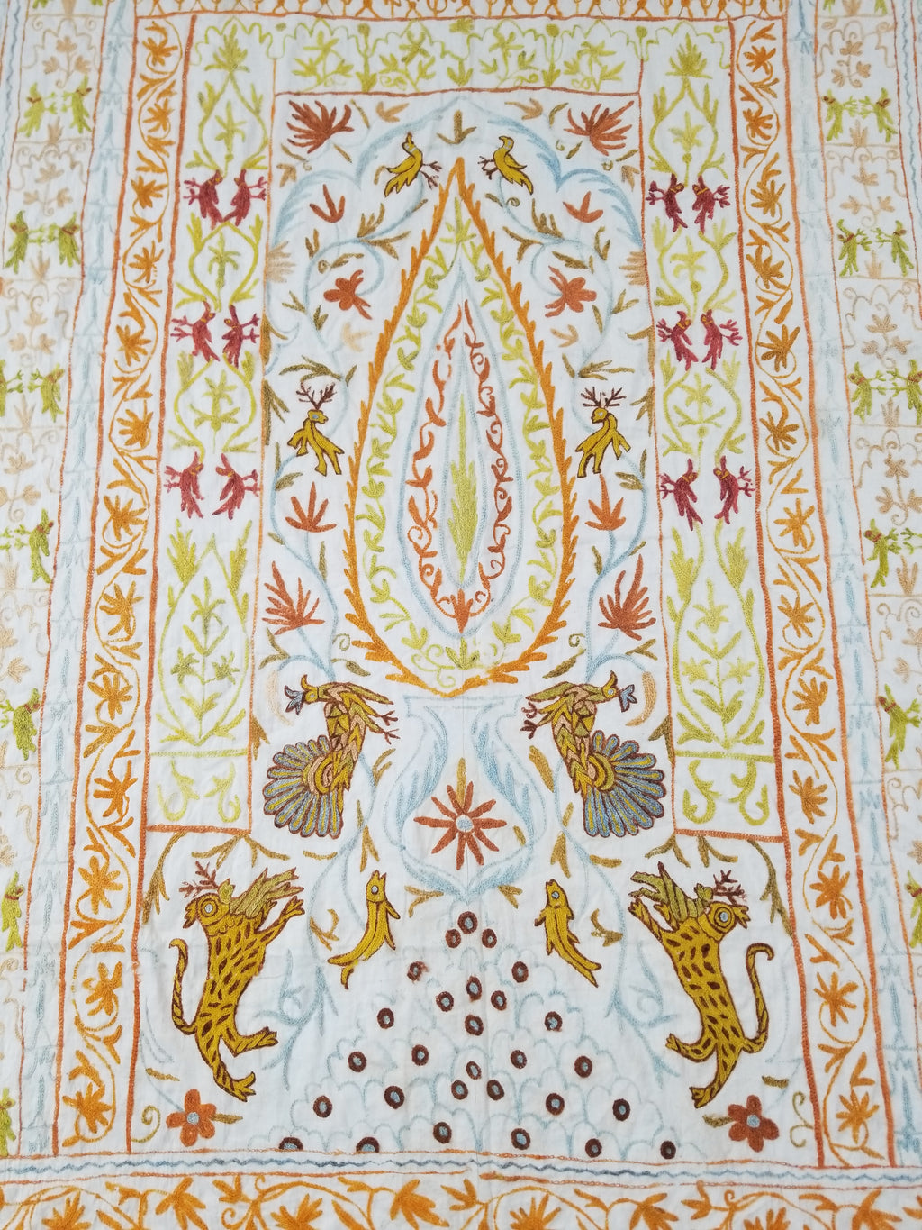 Antique Indian Mythical & Natural Motifs Crewel Embroidered Tapestry 253x124cm